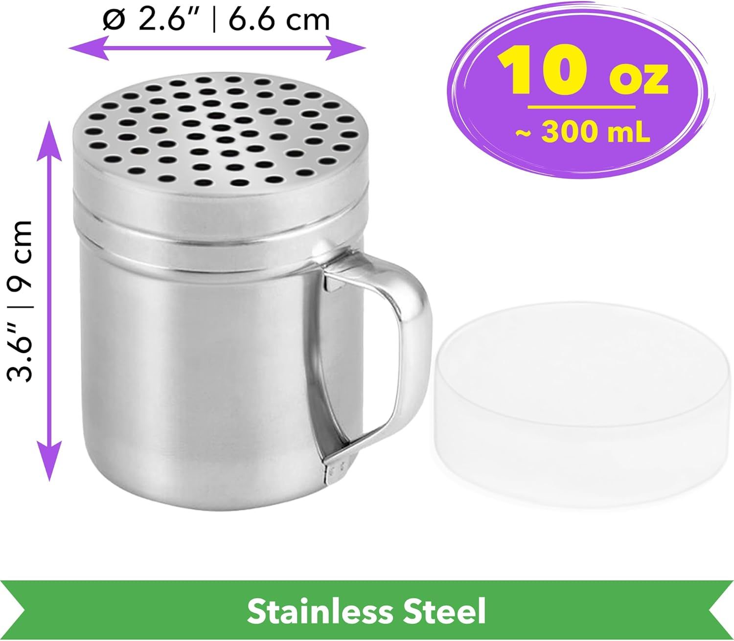 2 Stainless Steel Salt & Pepper Dredge 10 + 14 oz + 10 ounce Metal Parmesan Cheese Shaker Large Holes - with Plastic Caps & Handles Bundle