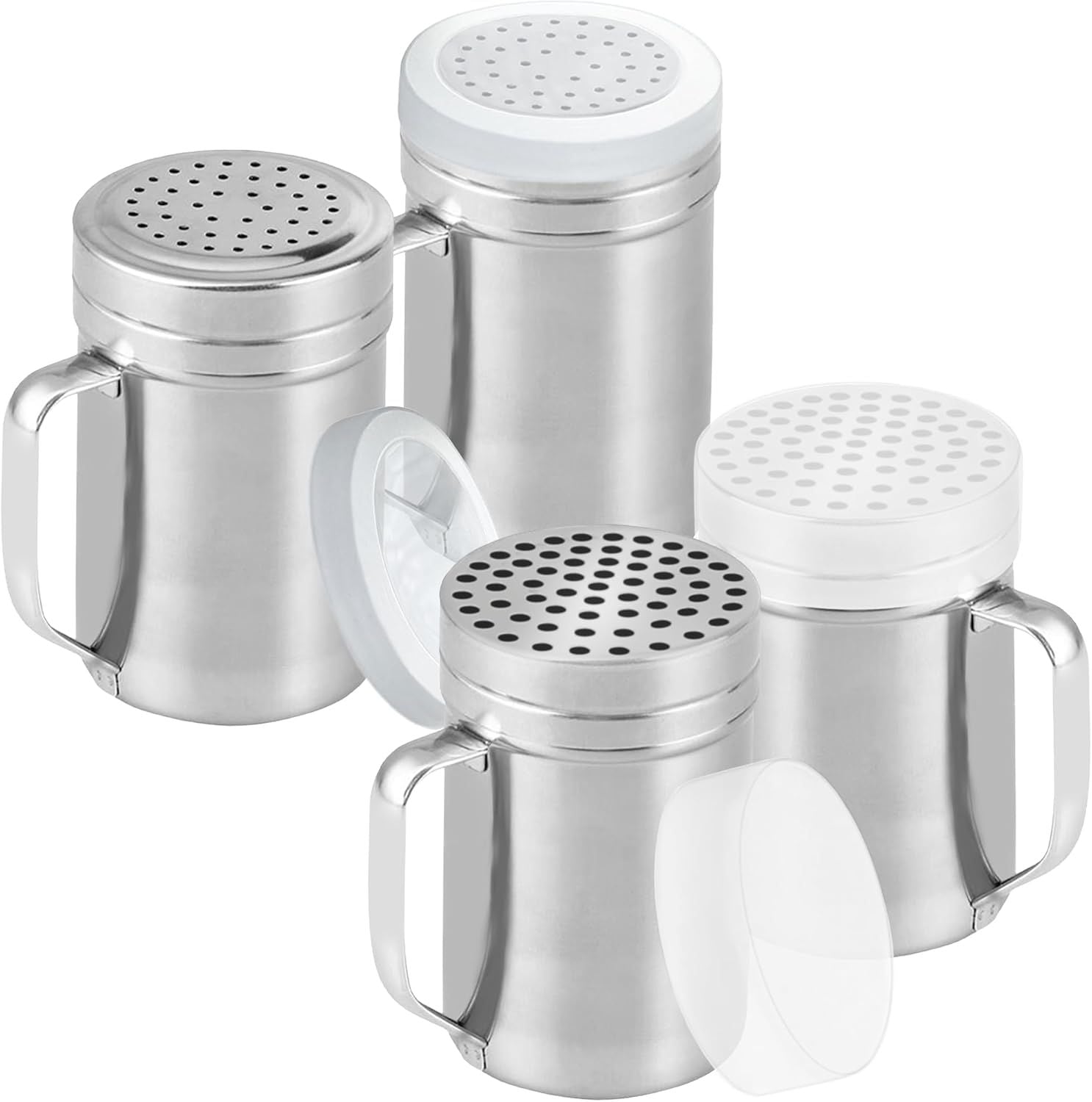 2-pack 14oz Seasonings Spice Shaker with Medium Holes, 2-pack 14oz Metal Parmesan Cheese Shaker with Large Holes - with Handle and Plastic Cap