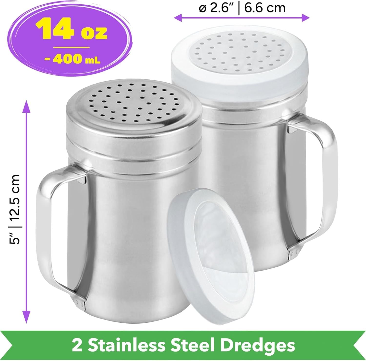 2-pack 14oz Seasonings Spice Shaker with Medium Holes, 2-pack 14oz Metal Parmesan Cheese Shaker with Large Holes - with Handle and Plastic Cap