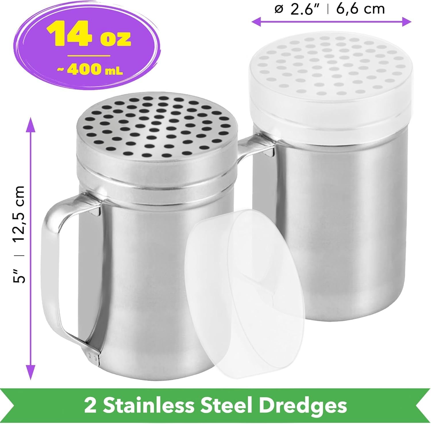 2-pack 14oz Seasonings Spice Shaker with Medium Holes, 2-pack 14oz Metal Parmesan Cheese Shaker with Large Holes - with Handle and Plastic Cap