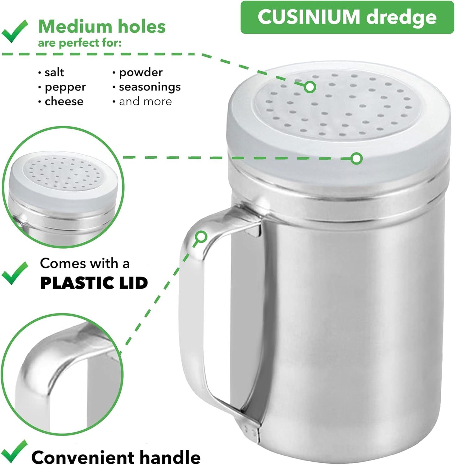 2-pack 14oz Seasonings Spice Shaker with Medium Holes, 2-pack 14oz Metal Parmesan Cheese Shaker with Large Holes - with Handle and Plastic Cap