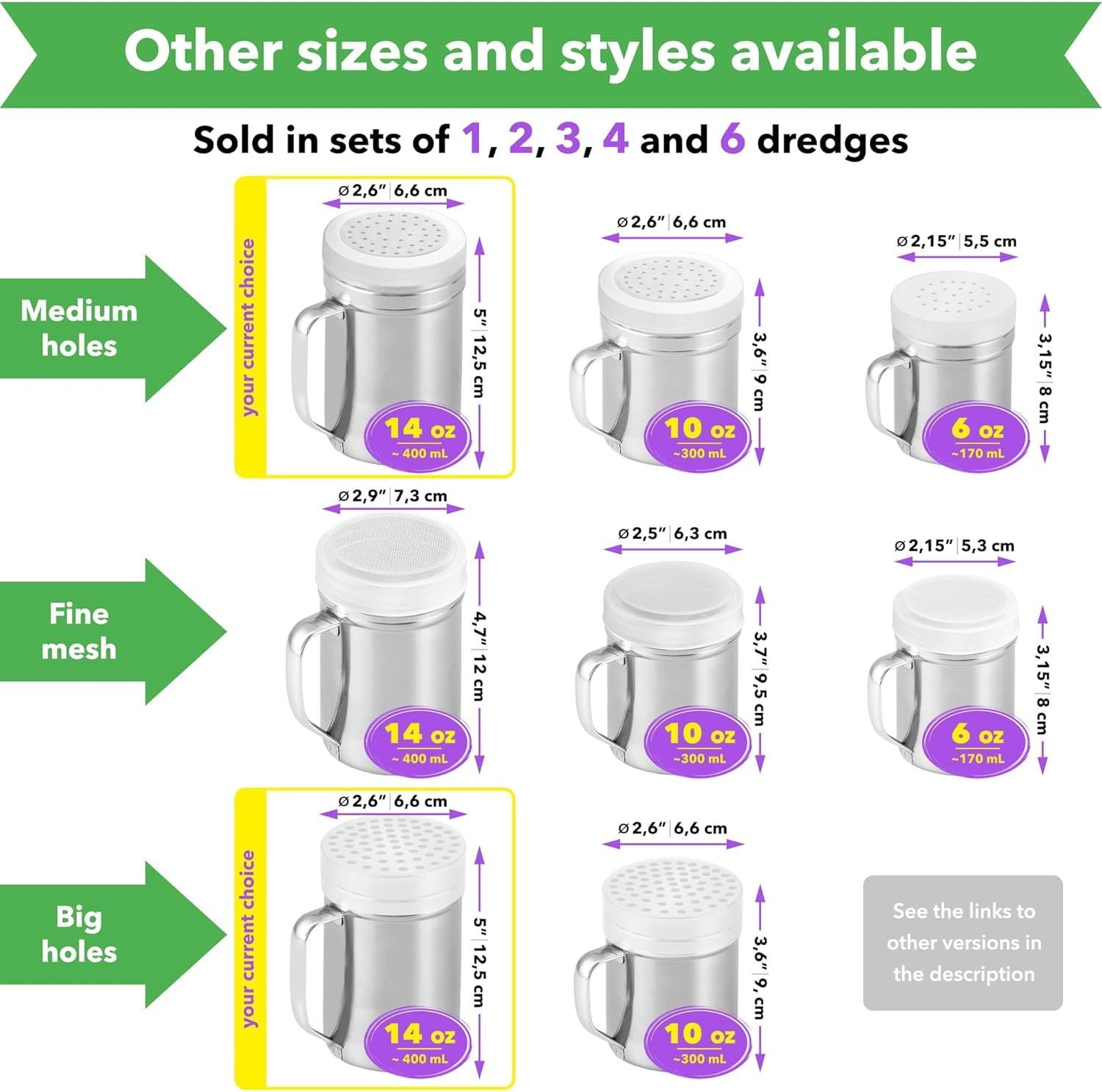 2-pack 14oz Seasonings Spice Shaker with Medium Holes, 2-pack 14oz Metal Parmesan Cheese Shaker with Large Holes - with Handle and Plastic Cap