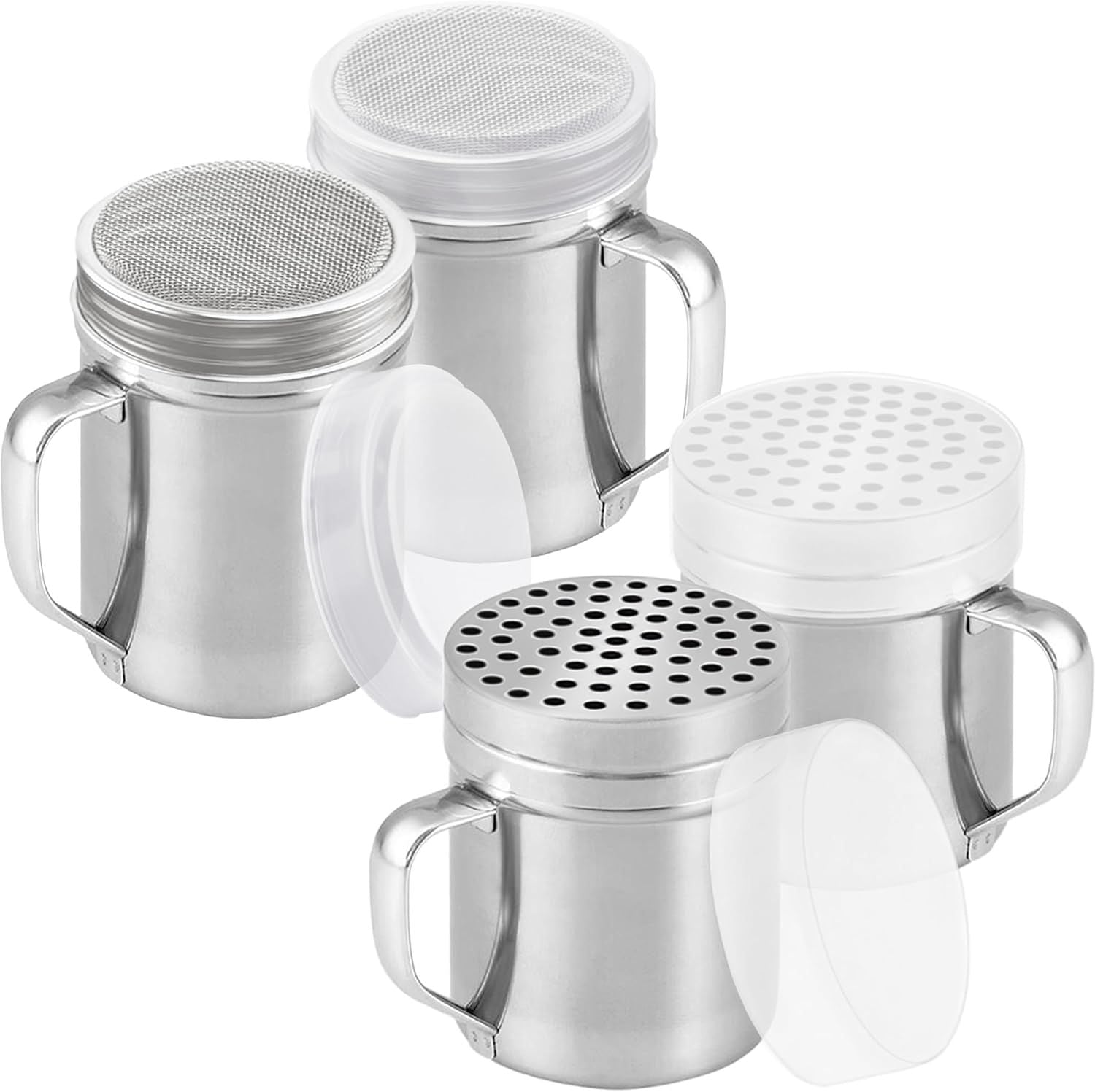 2-pack 10oz Metal Cheese Shaker with Large Holes, 2-pack 10oz Powdered Sugar Shaker with ine Mesh - With Handle and Lids