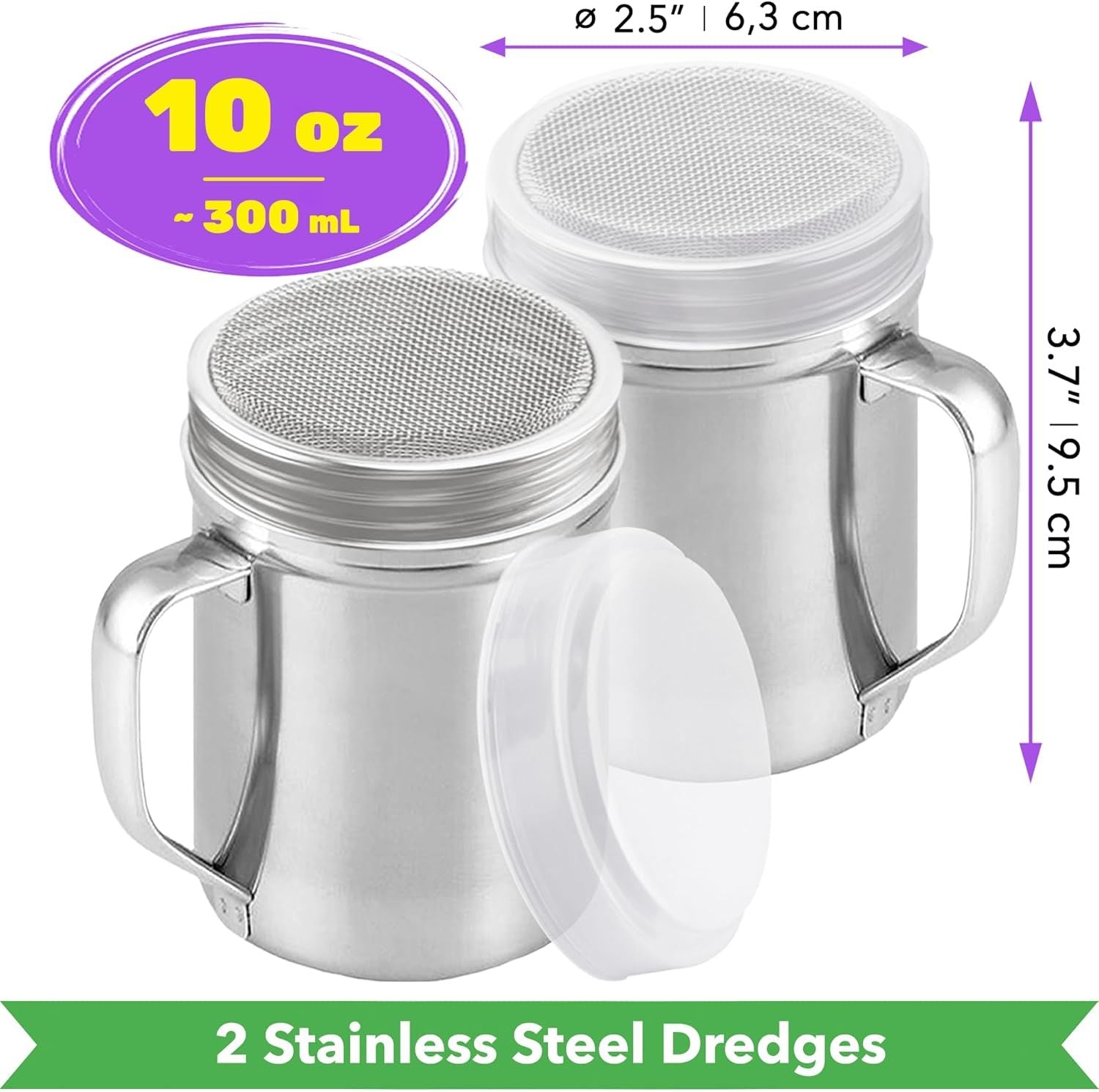 2-pack 10oz Metal Cheese Shaker with Large Holes, 2-pack 10oz Powdered Sugar Shaker with ine Mesh - With Handle and Lids