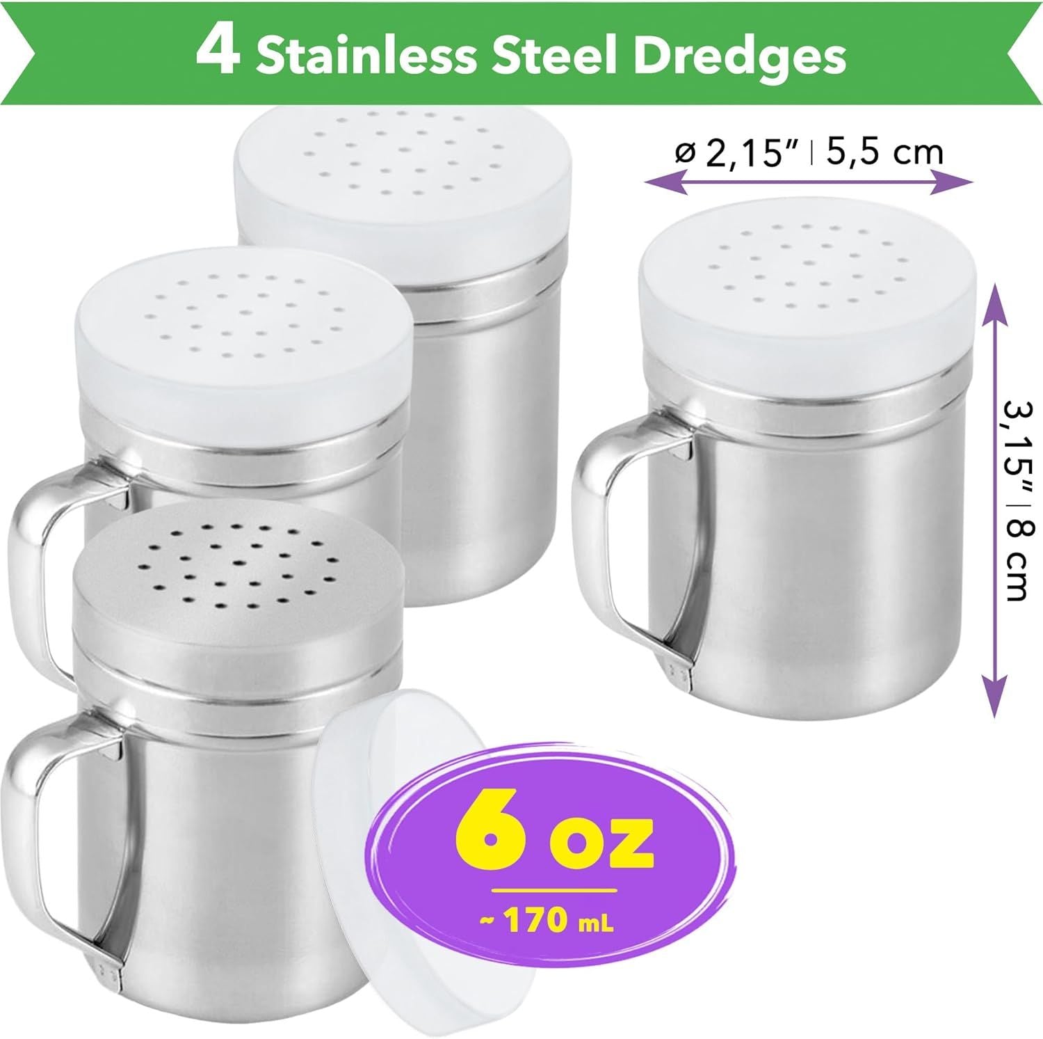 4-pack 6oz Metal Salt & Pepper Shaker with Holes, 4-pack 10oz Metal Salt & Pepper Shaker with Holes - with Handle and Plastic Cap