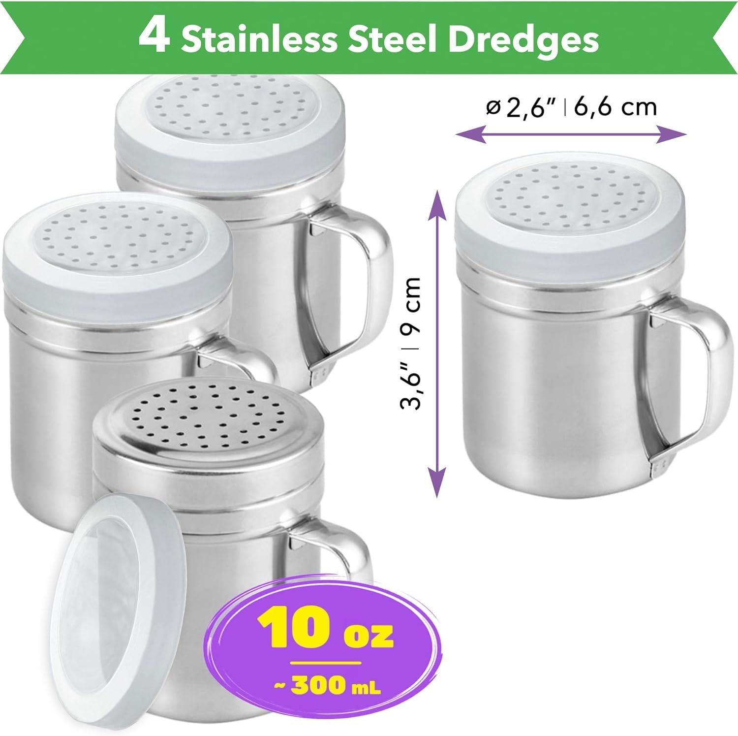 4-pack 6oz Metal Salt & Pepper Shaker with Holes, 4-pack 10oz Metal Salt & Pepper Shaker with Holes - with Handle and Plastic Cap