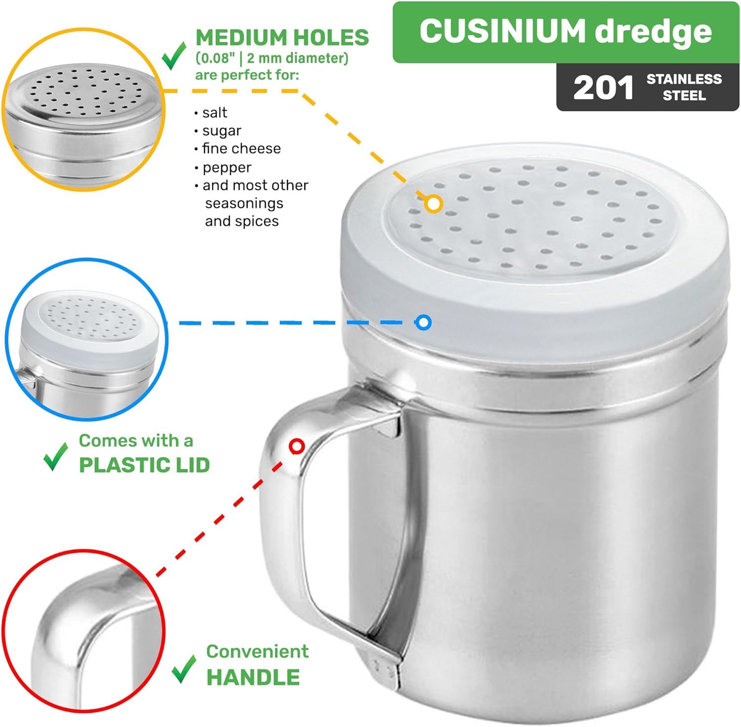 4-pack 6oz Metal Salt & Pepper Shaker with Holes, 4-pack 10oz Metal Salt & Pepper Shaker with Holes - with Handle and Plastic Cap