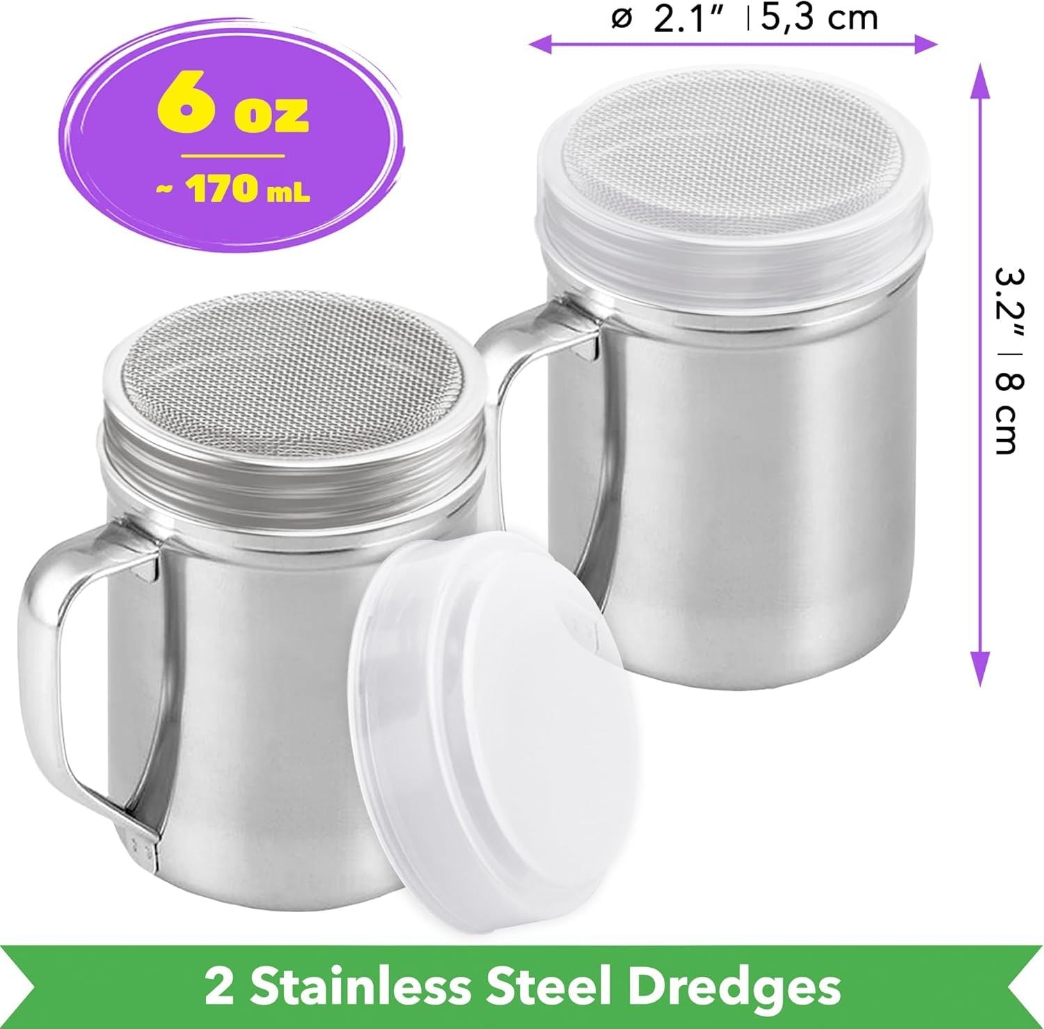 2-pack 6oz Powdered Shaker with ine Mesh, 2-pack 10oz Metal Parmesan Cheese Shaker with Large Holes - with Handle and Plastic Cap
