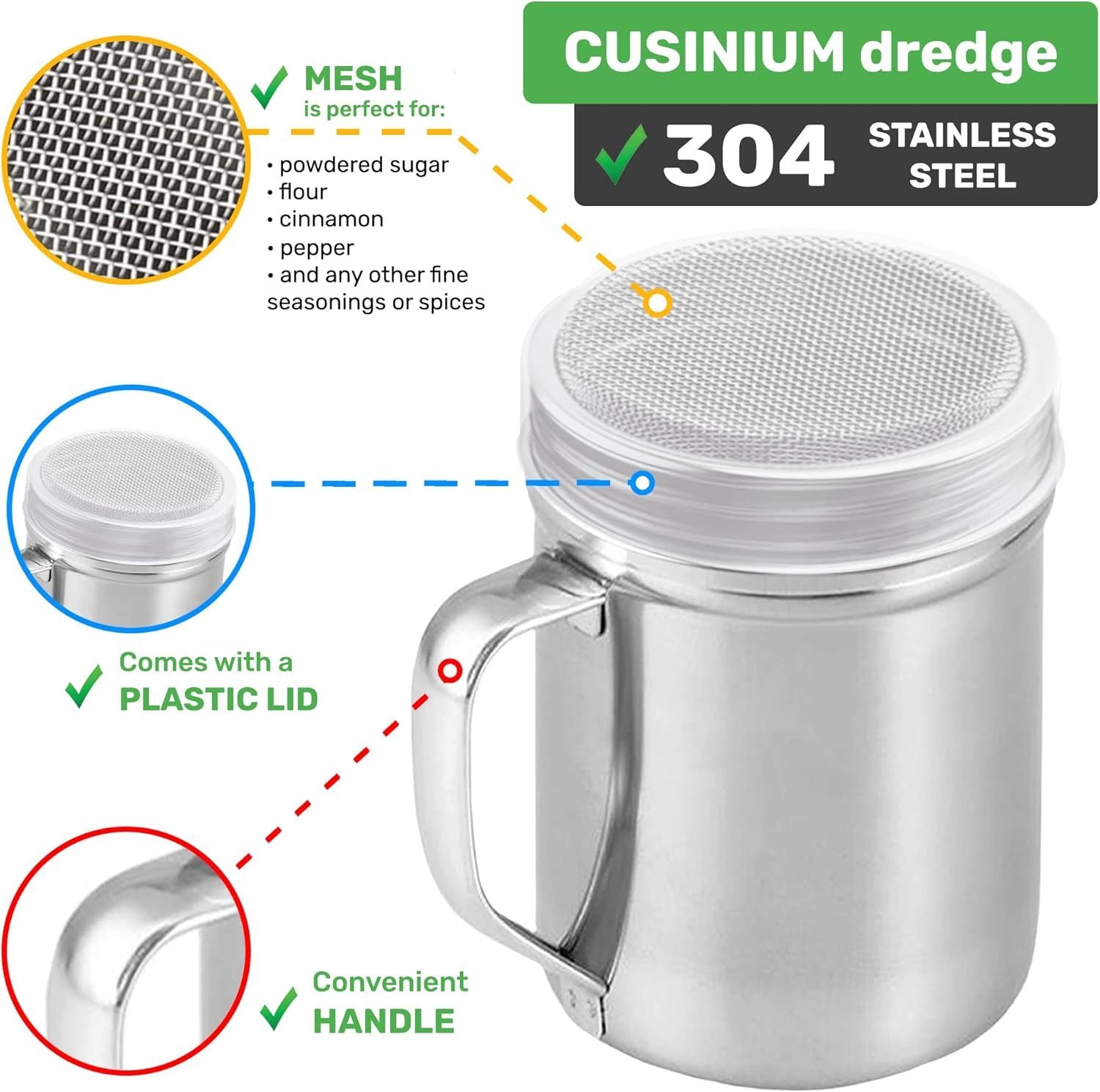 2-pack 6oz Powdered Shaker with ine Mesh, 2-pack 10oz Metal Parmesan Cheese Shaker with Large Holes - with Handle and Plastic Cap