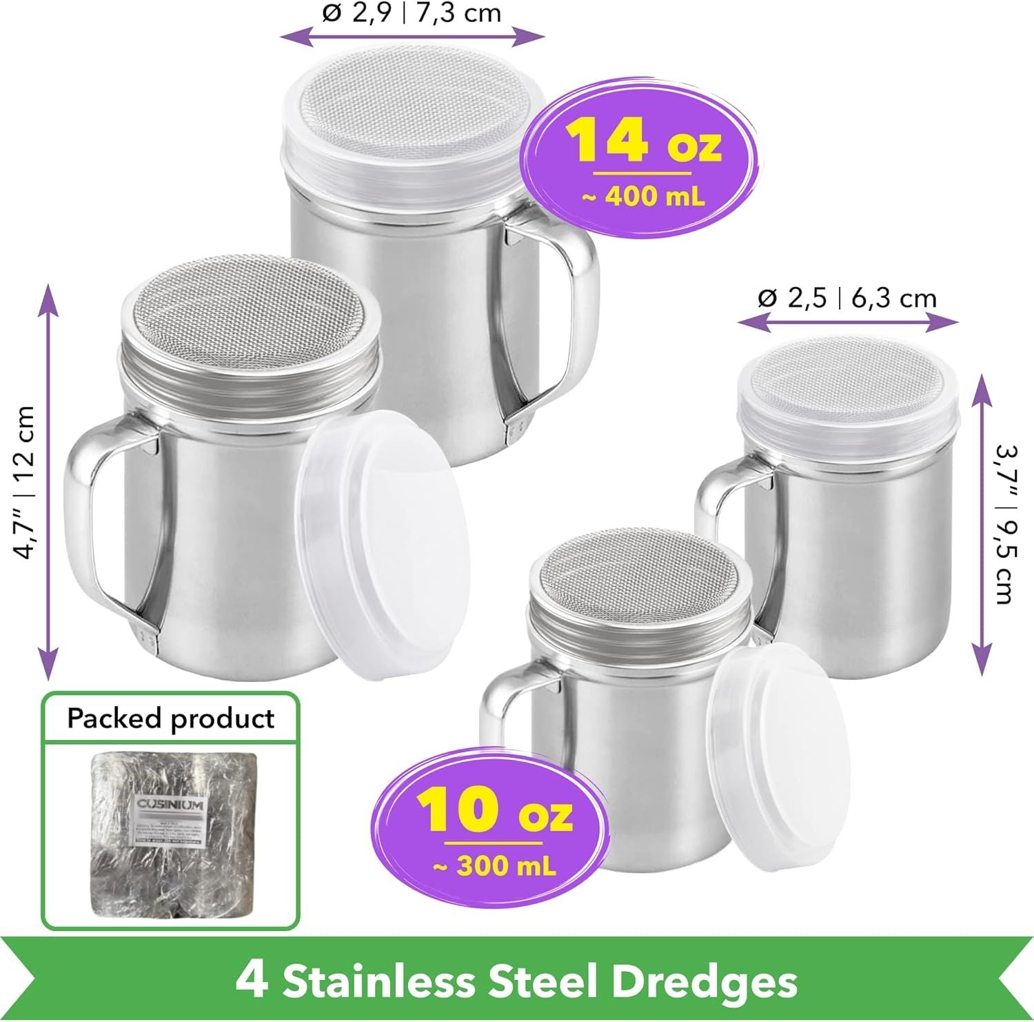 2-pack 10 Oz + 2-pack 14 Oz ine Mesh Shakers With Handle and Lids