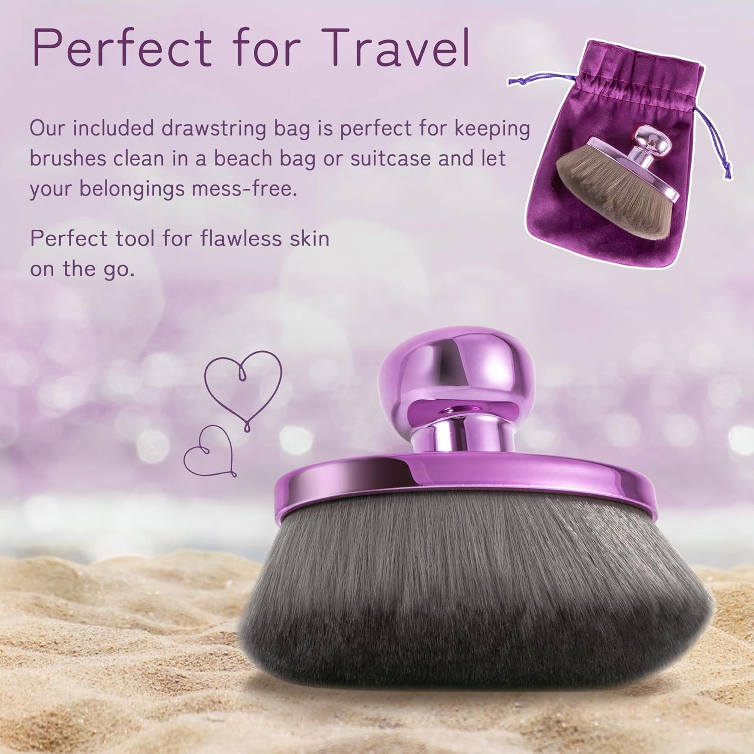 Extra Large Body Makeup Brush or Sel Tanner, Leg Makeup &Bronzer Blend,116mm Oval-headed Kabuki Brush More Even Application, Sunscreen ace&Back Makeup Brush, Wet&Dry Use- Purple, Patent Pending