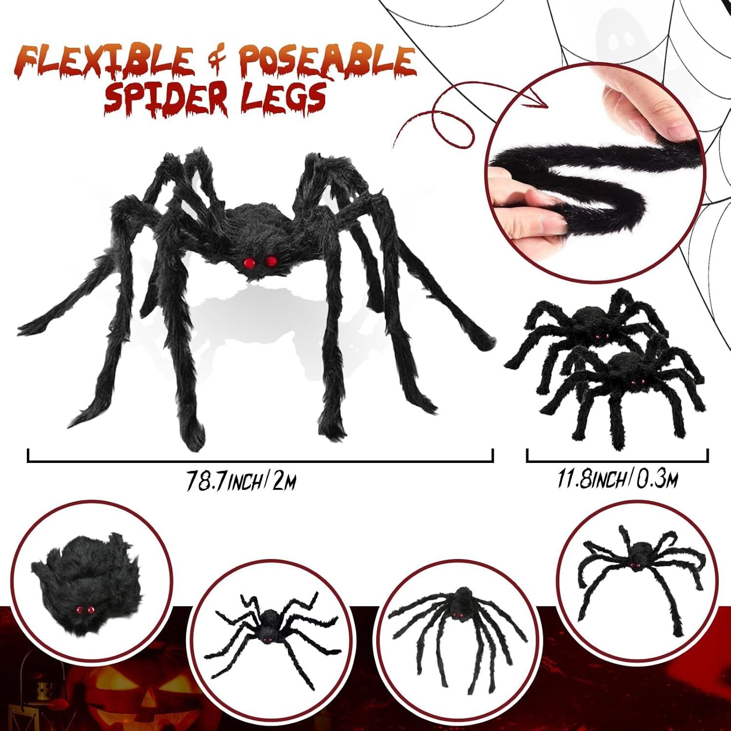 Giant Spider 6.6 t + 0.98 t*2, Halloween Decorations 78" ake Halloween Decor Spiders Large, urry Spiders or Outdoor Indoor Yard Home Costumes Party House Décor, 3 Pack