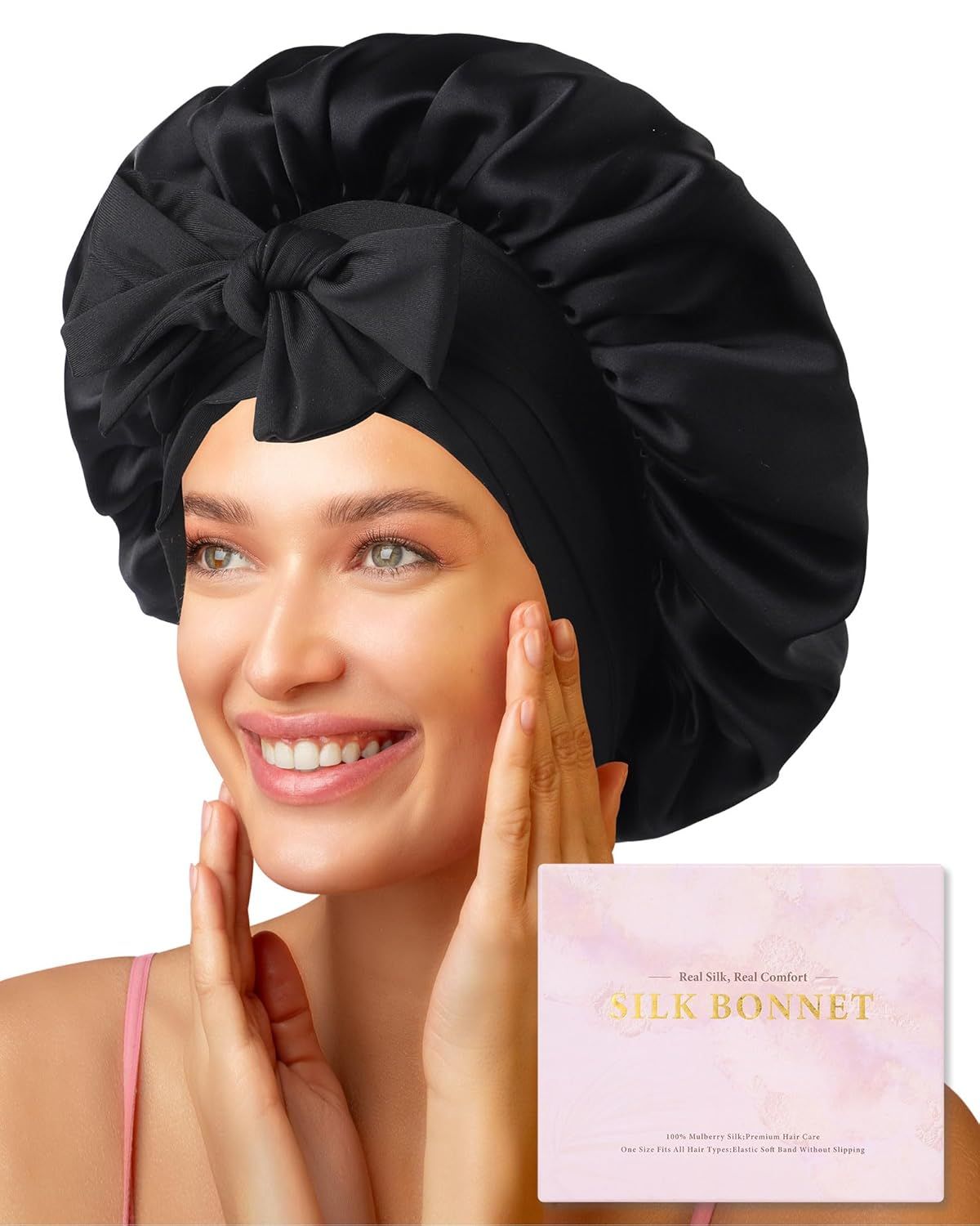 100% Mulberry Silk Hair Bonnet or Women Sleeping with Tie Band 19 Momme Silk Sleep Cap Night US, Alpha, One Size, Black