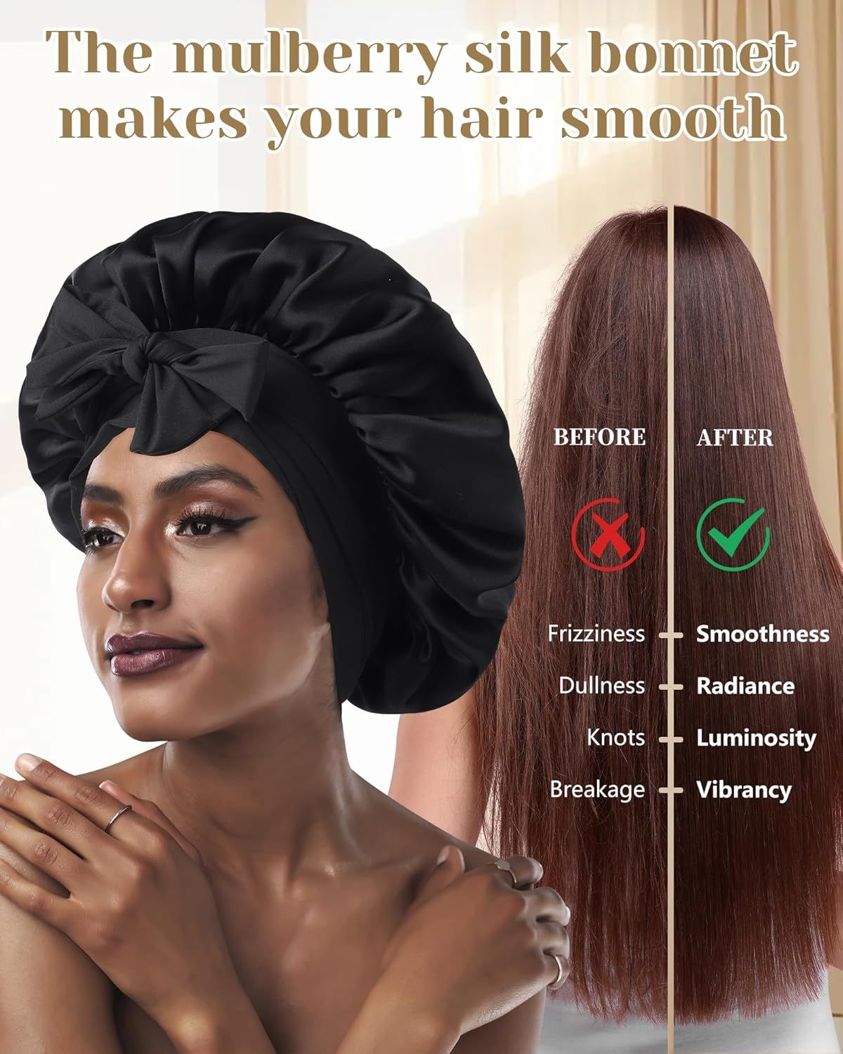 100% Mulberry Silk Hair Bonnet or Women Sleeping with Tie Band 19 Momme Silk Sleep Cap Night US, Alpha, One Size, Black