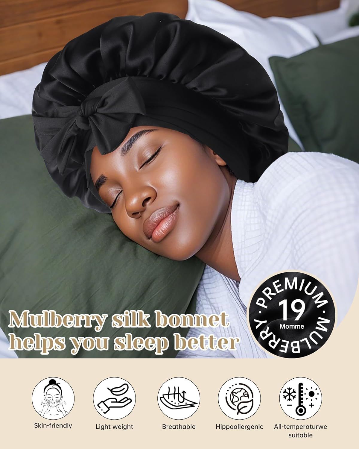 100% Mulberry Silk Hair Bonnet or Women Sleeping with Tie Band 19 Momme Silk Sleep Cap Night US, Alpha, One Size, Black