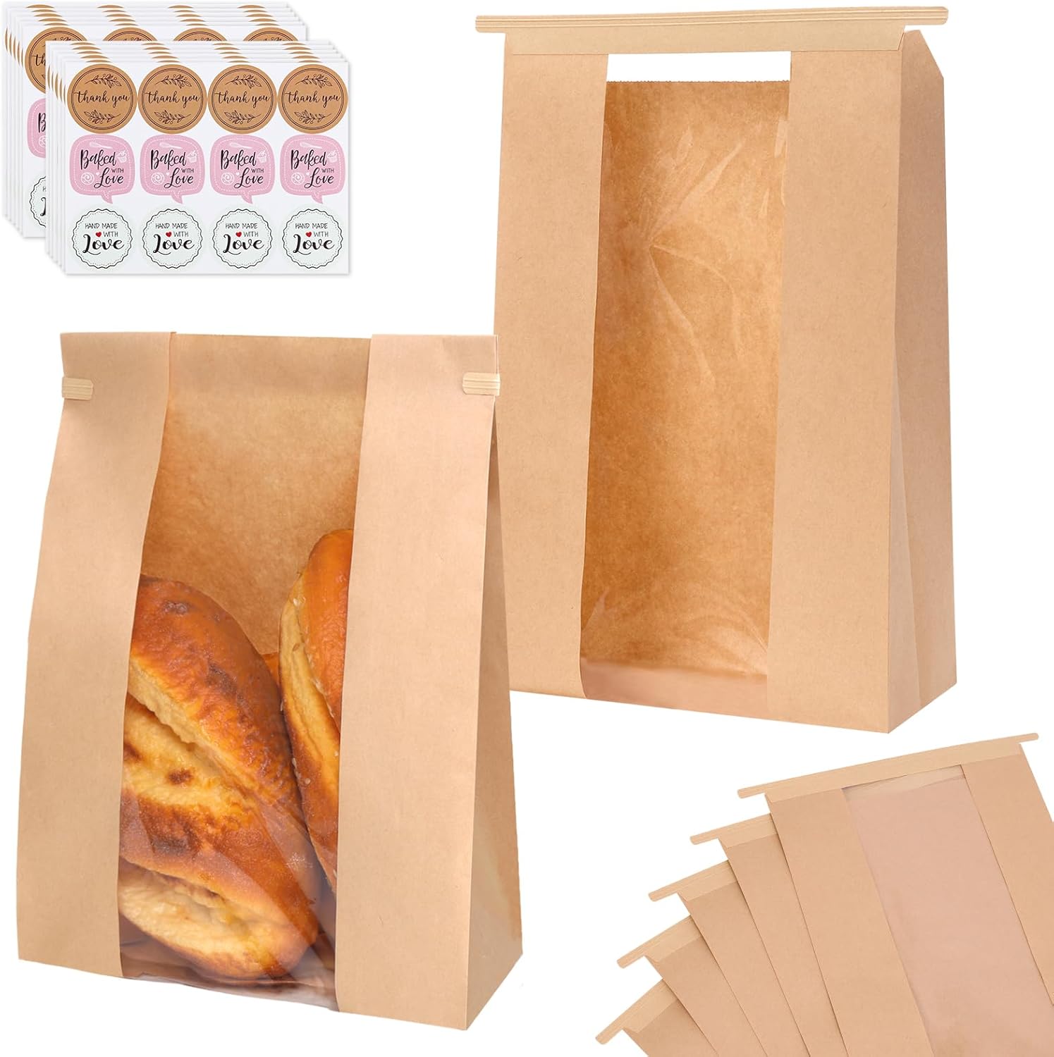 Moretoes 120 Pack Large Paper Bread Bags for Homemade Bread, 13.7x8.3x3.5 Inches, Sourdough Bread Bags with Tin Tie Tab and Clear Front Window, Includes 144 Label Seal Stickers Brown