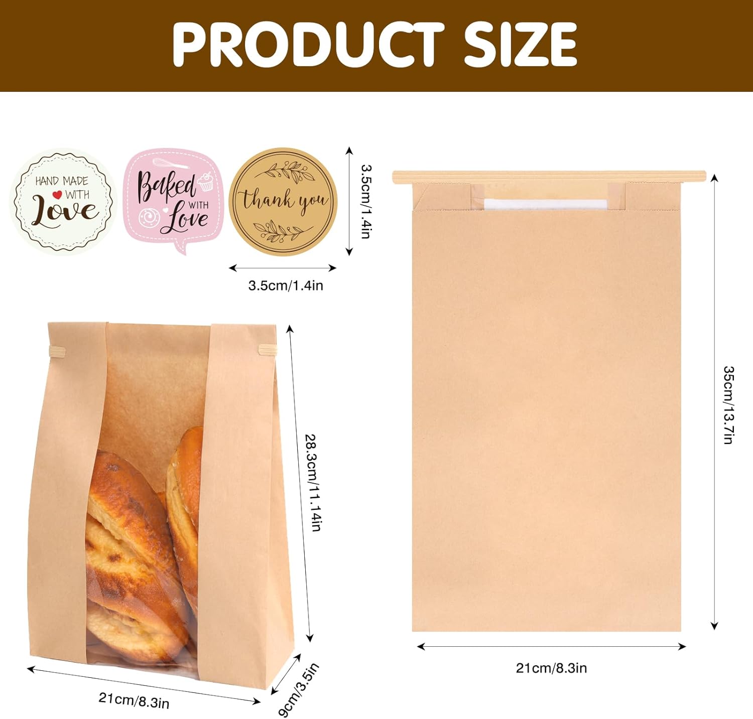 Moretoes 120 Pack Large Paper Bread Bags for Homemade Bread, 13.7x8.3x3.5 Inches, Sourdough Bread Bags with Tin Tie Tab and Clear Front Window, Includes 144 Label Seal Stickers Brown