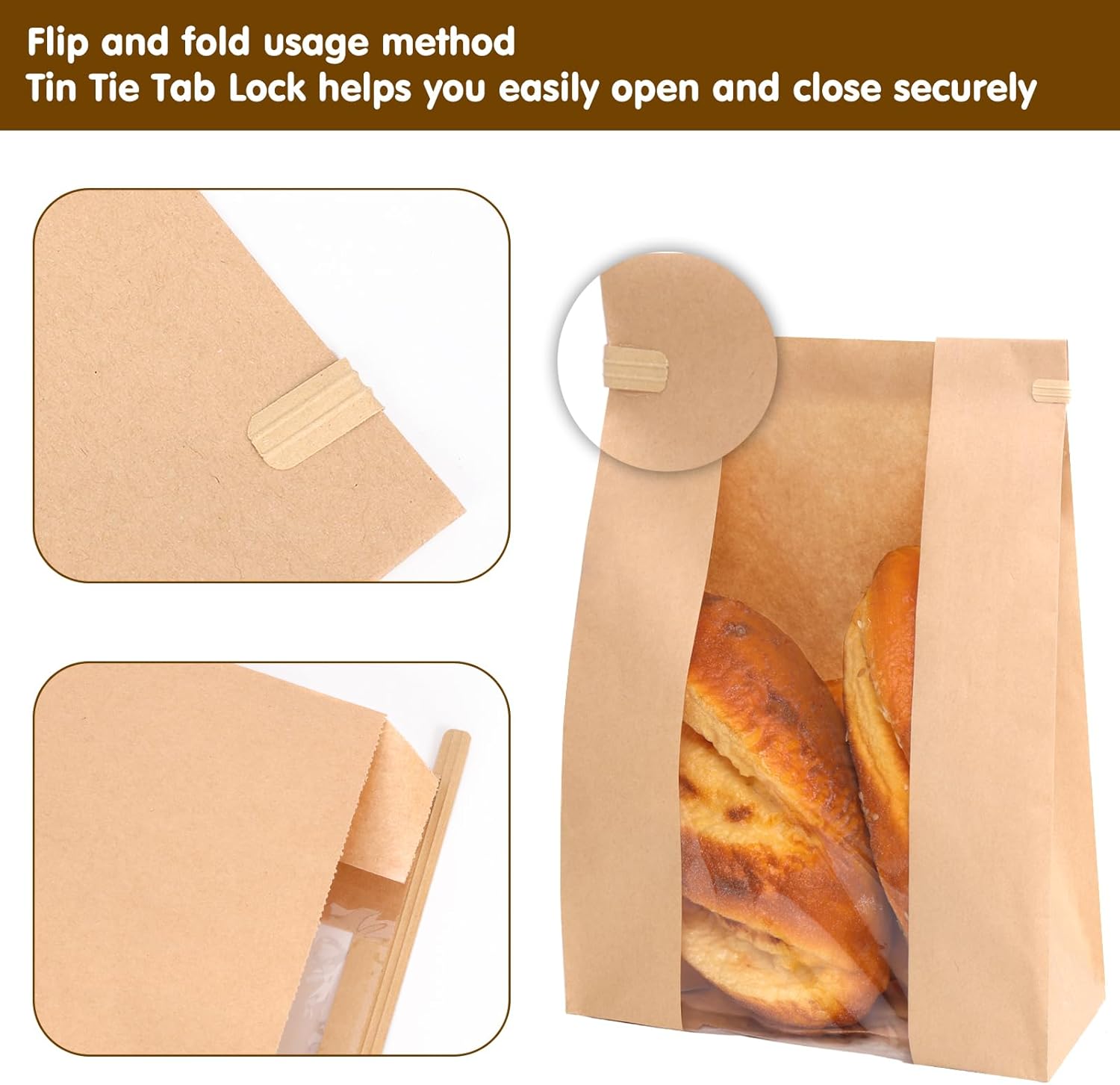 Moretoes 120 Pack Large Paper Bread Bags for Homemade Bread, 13.7x8.3x3.5 Inches, Sourdough Bread Bags with Tin Tie Tab and Clear Front Window, Includes 144 Label Seal Stickers Brown