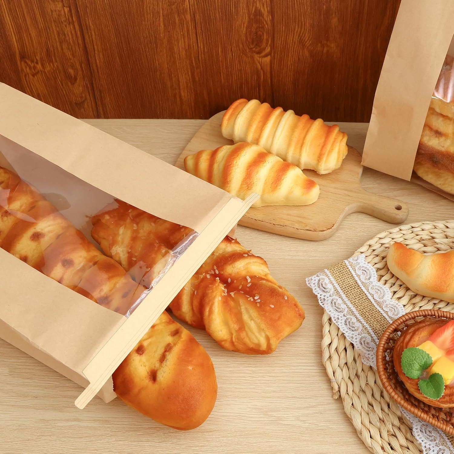 Moretoes 120 Pack Large Paper Bread Bags for Homemade Bread, 13.7x8.3x3.5 Inches, Sourdough Bread Bags with Tin Tie Tab and Clear Front Window, Includes 144 Label Seal Stickers Brown