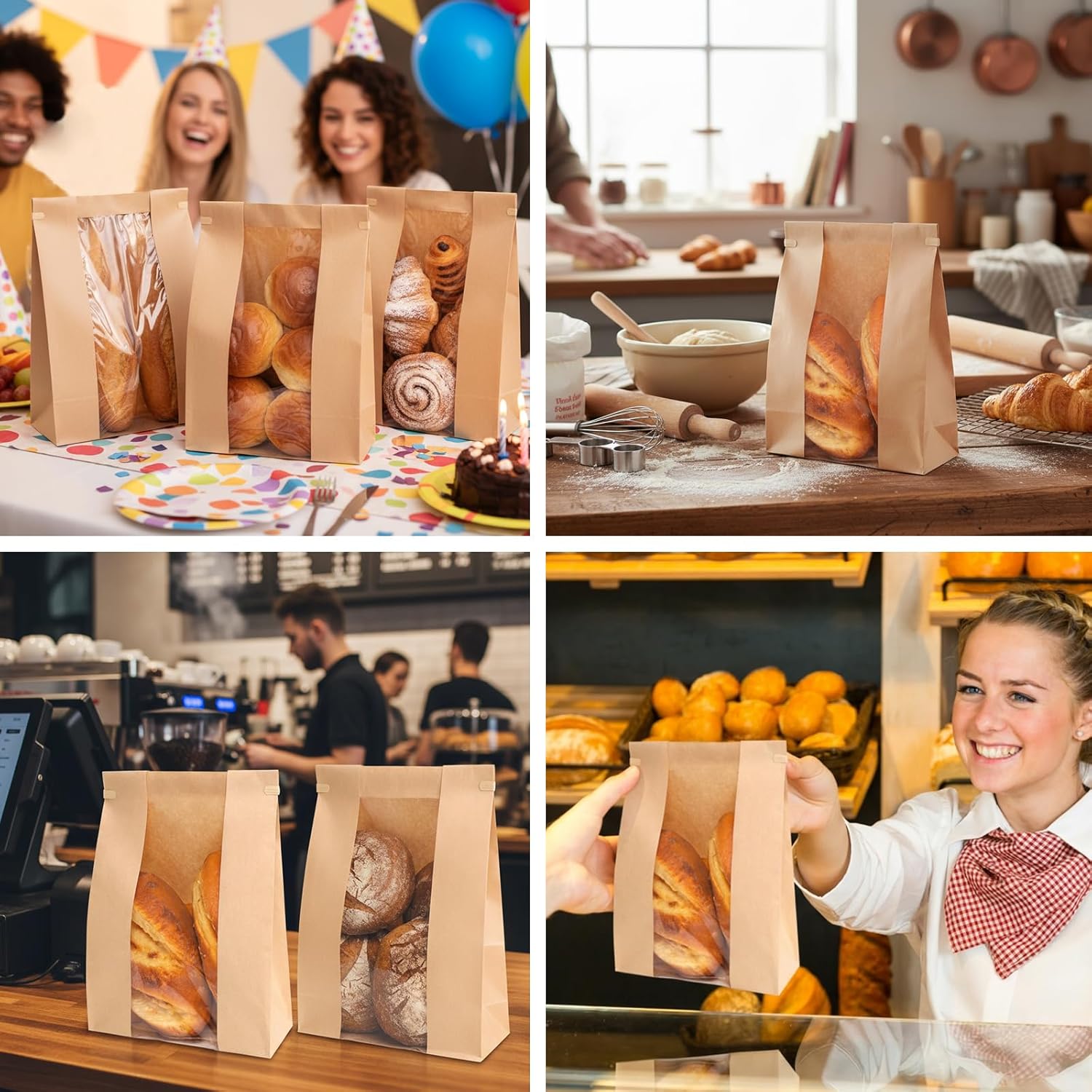 Moretoes 120 Pack Large Paper Bread Bags for Homemade Bread, 13.7x8.3x3.5 Inches, Sourdough Bread Bags with Tin Tie Tab and Clear Front Window, Includes 144 Label Seal Stickers Brown