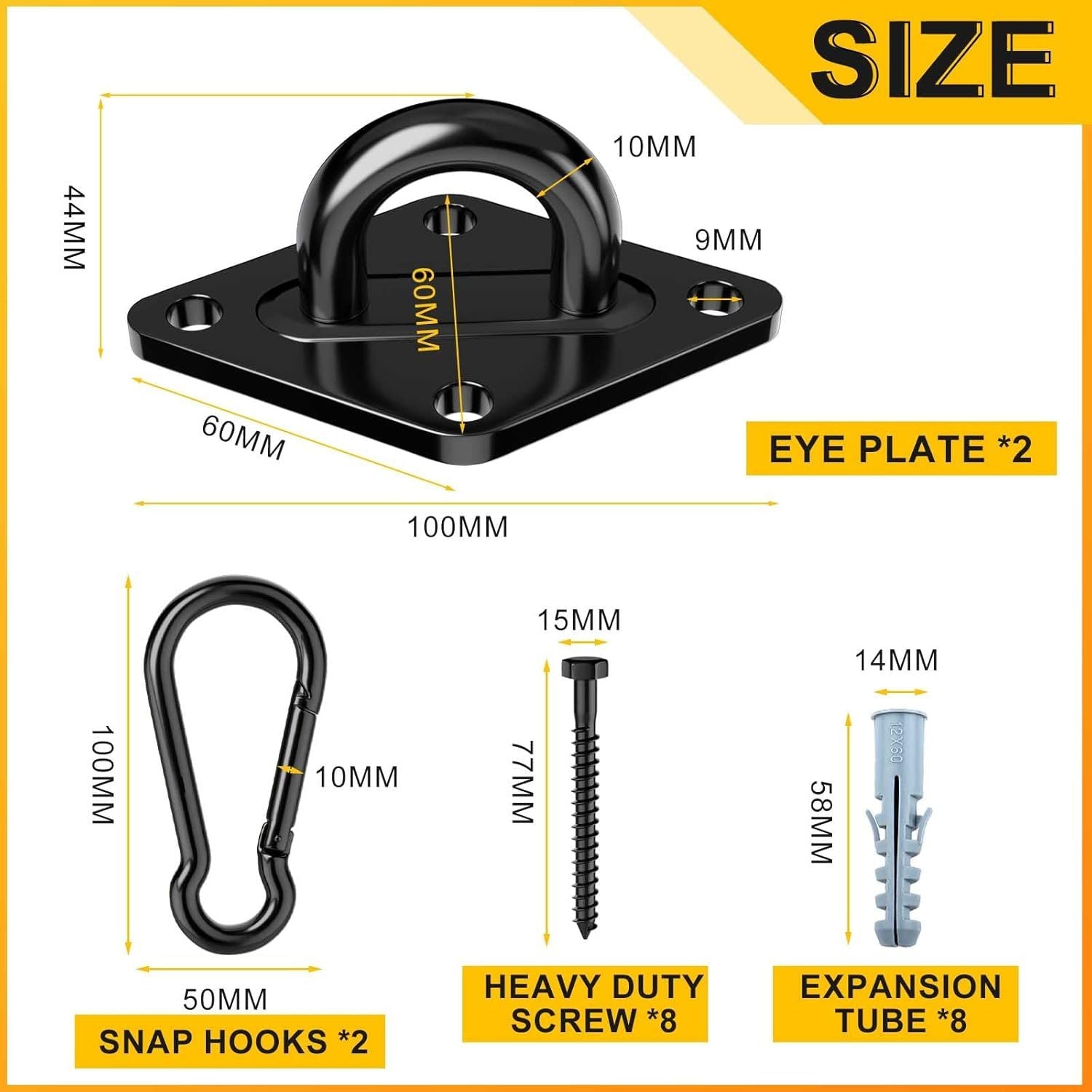Heavy Duty Black Hammock Hooks Screws Bolts Included, Over 1700 lb Rust-Resistant Swing Hook Hardware, M10 Hanging Kit or Porch Yoga Seat Trapeze Indoor/Outdoor