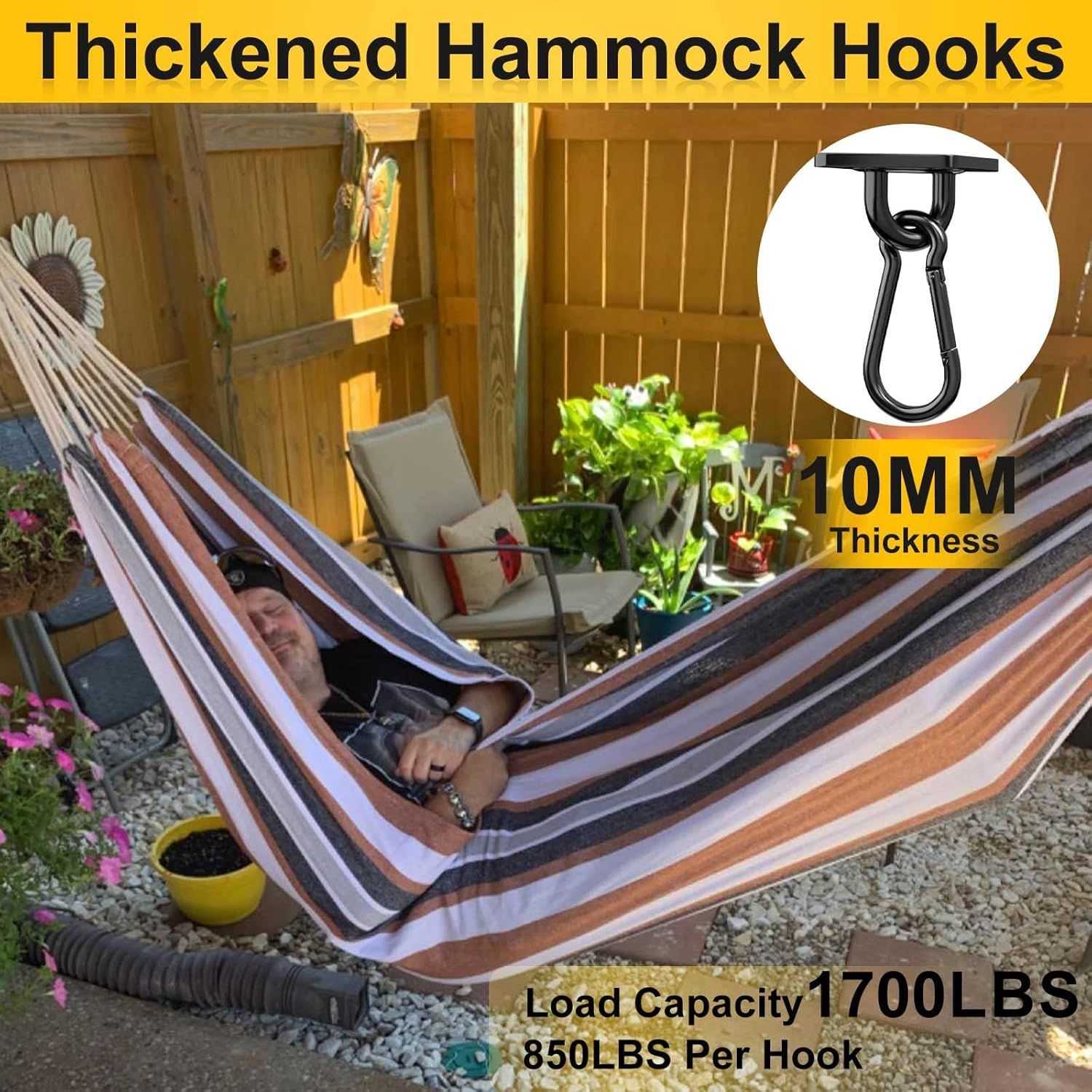 Heavy Duty Black Hammock Hooks Screws Bolts Included, Over 1700 lb Rust-Resistant Swing Hook Hardware, M10 Hanging Kit or Porch Yoga Seat Trapeze Indoor/Outdoor