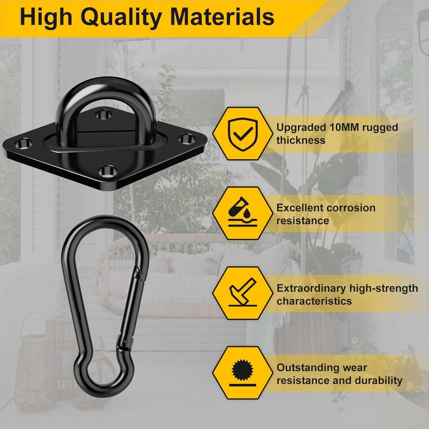 Heavy Duty Black Hammock Hooks Screws Bolts Included, Over 1700 lb Rust-Resistant Swing Hook Hardware, M10 Hanging Kit or Porch Yoga Seat Trapeze Indoor/Outdoor
