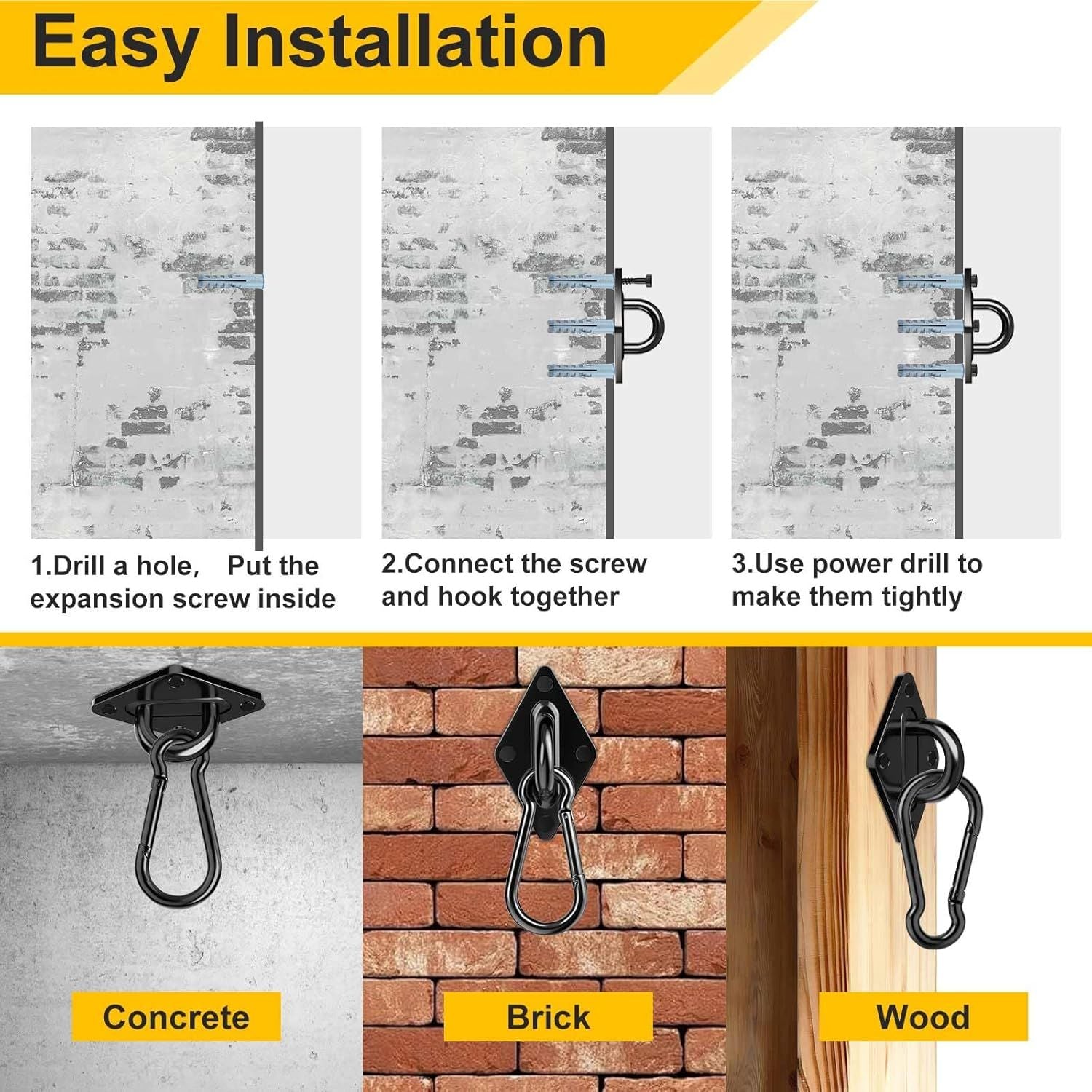 Heavy Duty Black Hammock Hooks Screws Bolts Included, Over 1700 lb Rust-Resistant Swing Hook Hardware, M10 Hanging Kit or Porch Yoga Seat Trapeze Indoor/Outdoor
