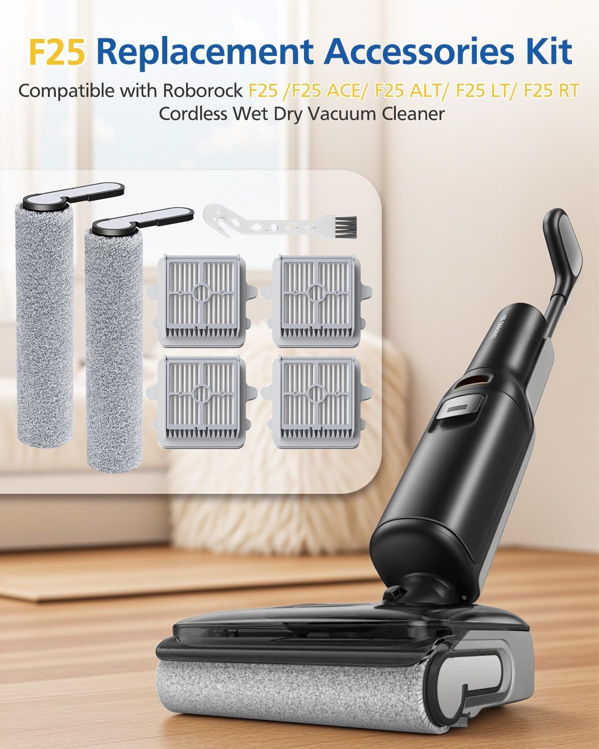 25 Brush Roll and HEPA ilter Replacement Kit Accessories Compatible with 25/25 ACE/25 ALT/25 LT/25 RT/25 ACE/25 GT/25 Ultra Cordless Wet Dry Vacuum Cleaner