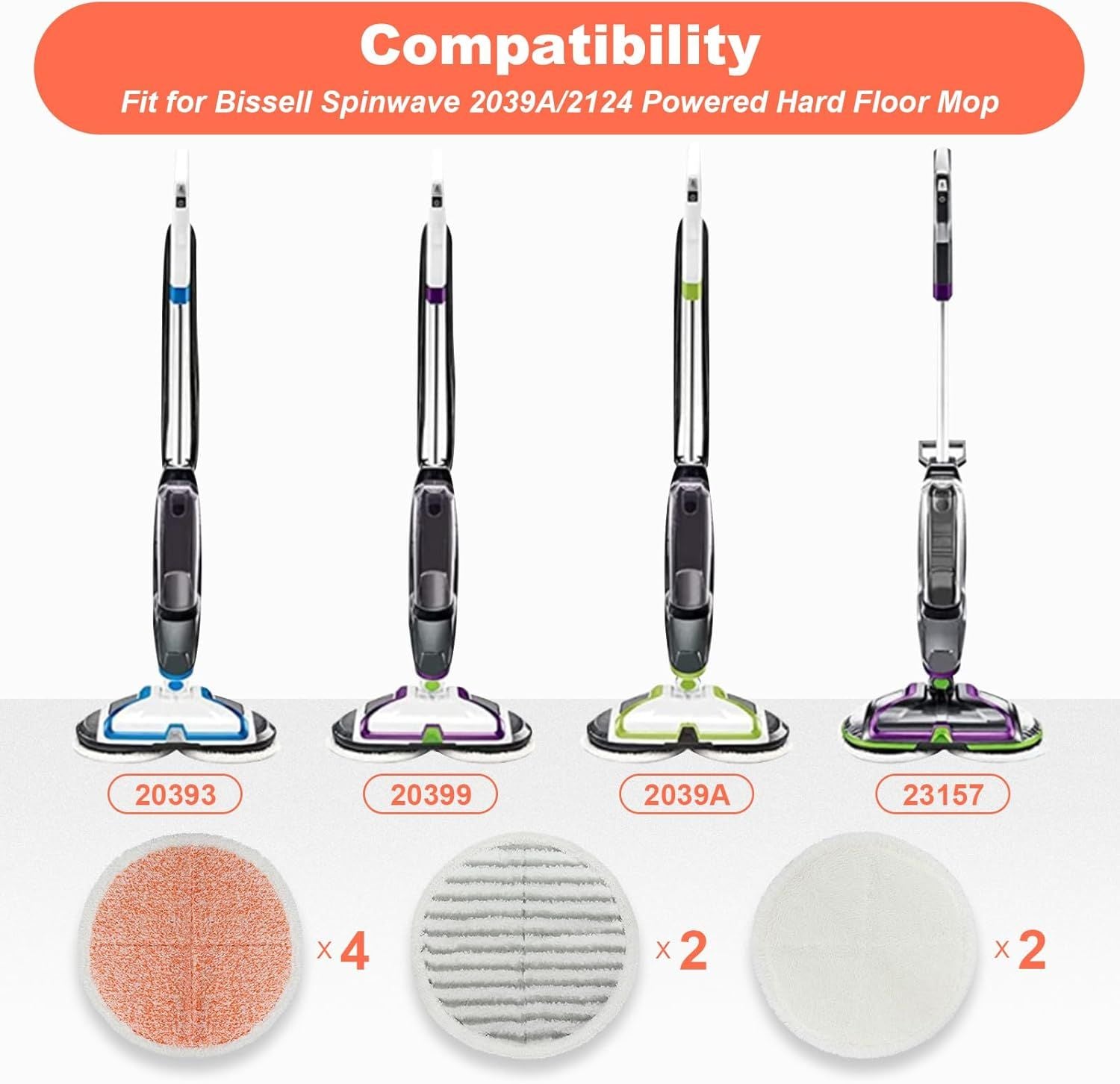 Spinwave Mop Pads Replacement Set Compatible with Bissell Spinwave 2039A 2124: 4 Heavy Scrub Pads, 2 Sot Pads, 2 Scrubby Pads by 8Pack