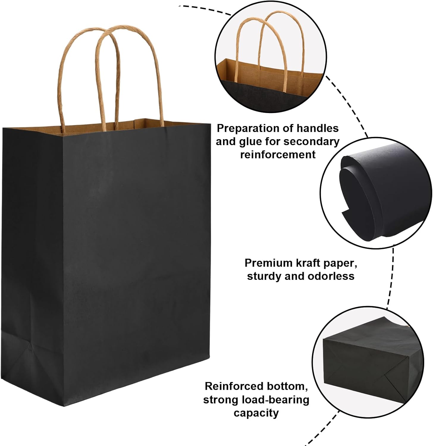 Moretoes 100pcs Paper Gift Bags 10x5x13 Inches Black Kraft Paper Bags with Handles Bulk for Shopping, Retail, Small Business, Birthday Wedding Party Favor, Merchandise