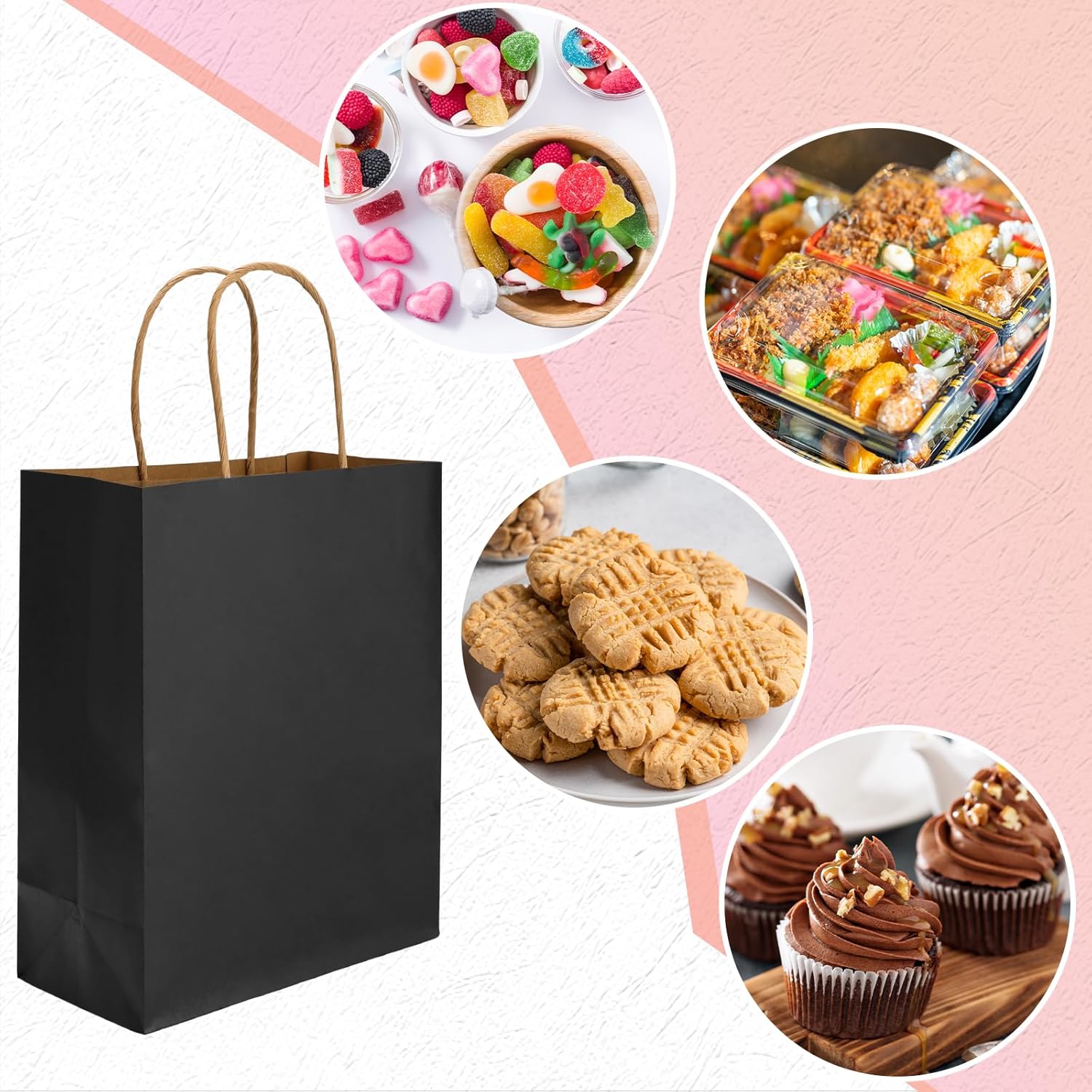 Moretoes 100pcs Paper Gift Bags 10x5x13 Inches Black Kraft Paper Bags with Handles Bulk for Shopping, Retail, Small Business, Birthday Wedding Party Favor, Merchandise