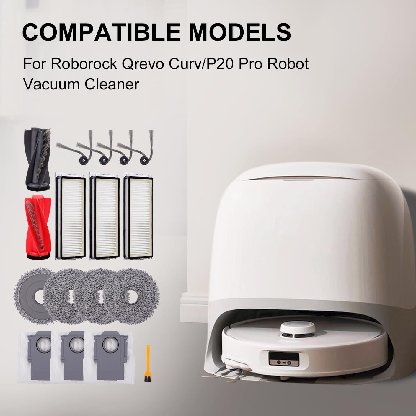 Replacement Parts Accessories Kit or Qrevo S5V/Qrevo Curv/Qrevo Curv S5X/Qrevo Edge S5A Series Robot Vacuum Cleaner - 1 Main Brush, 3 HEPA ilters, 3 Dust Bags, 4 Mop Pads, 4 Side Brushes