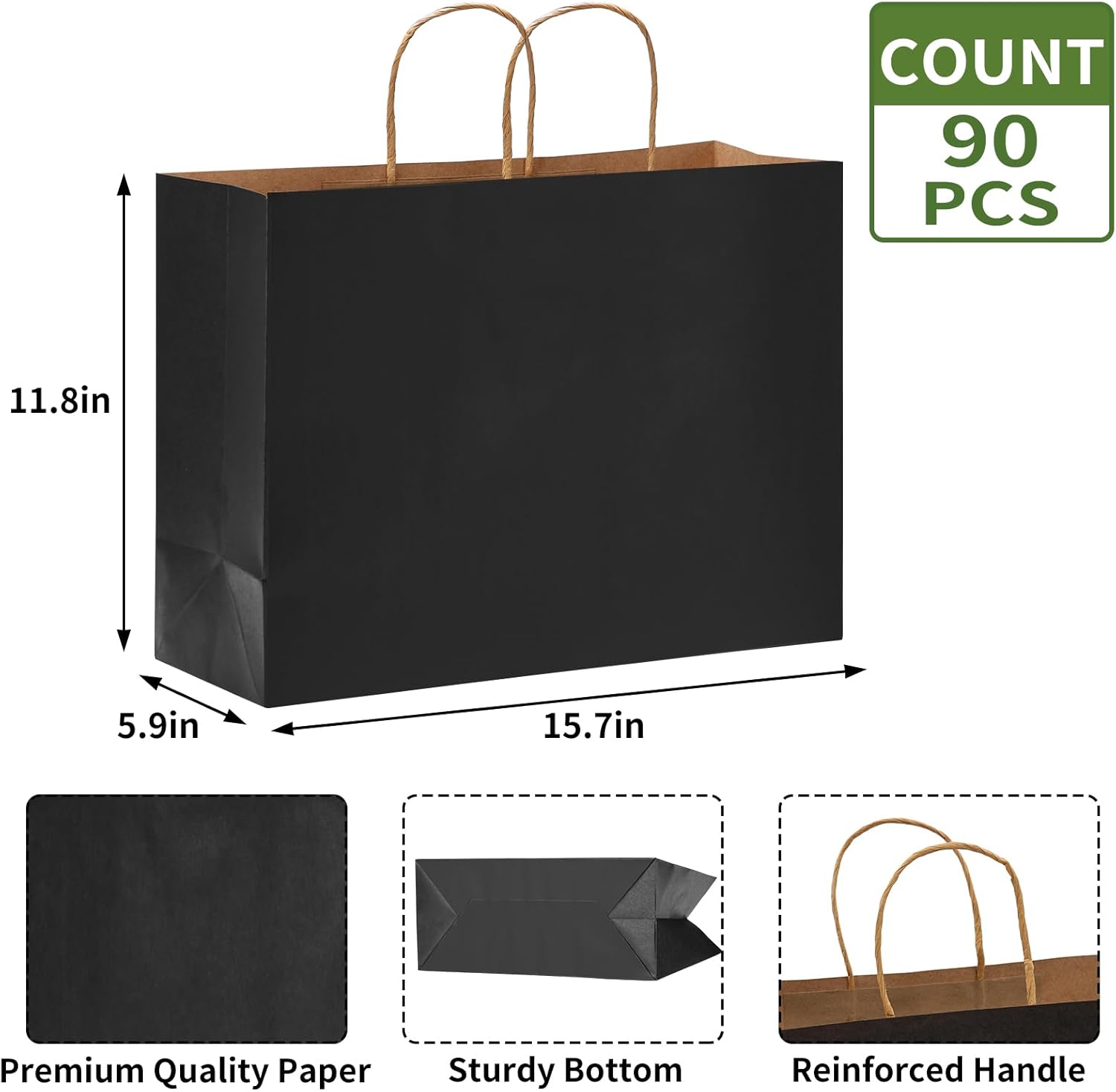 Moretoes 90pcs Black Gift Bags, 16x6x12 Inch Large Paper Bags with Handles Bulk for Boutiques, Grocery, Small Business, Mechandise, Party, Gifts & Merchandise