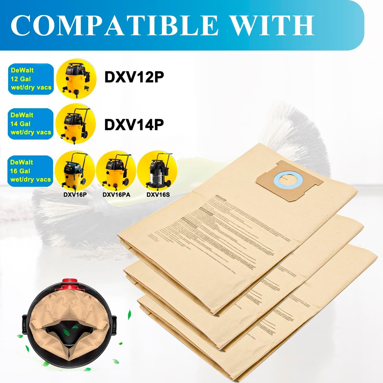 12 Pack DXVA19-4102 Dust Bags or DEWALT 12-16 Gallon Wet Dry Vacuum, Compatible with DXV12P DXV14P DXV16P DXV16PA DXV16S