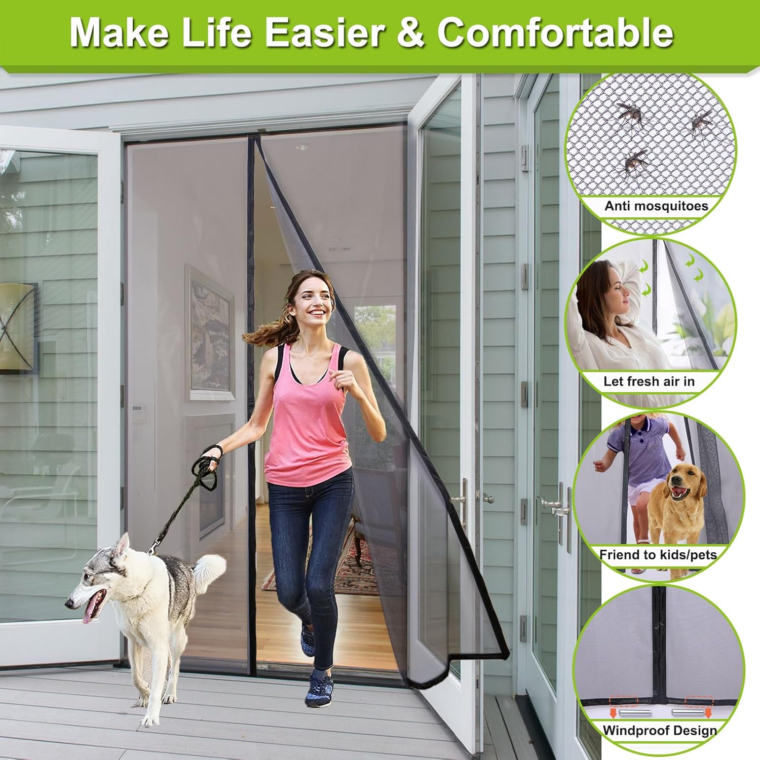 Magnetic Screen Door Self Closing, 78 x 84 inch, Grey Upgraded Polyester Thicken Mesh Mosquito Net for Patio Door, with Magnets, Keep Bugs Out, with Hook Tape
