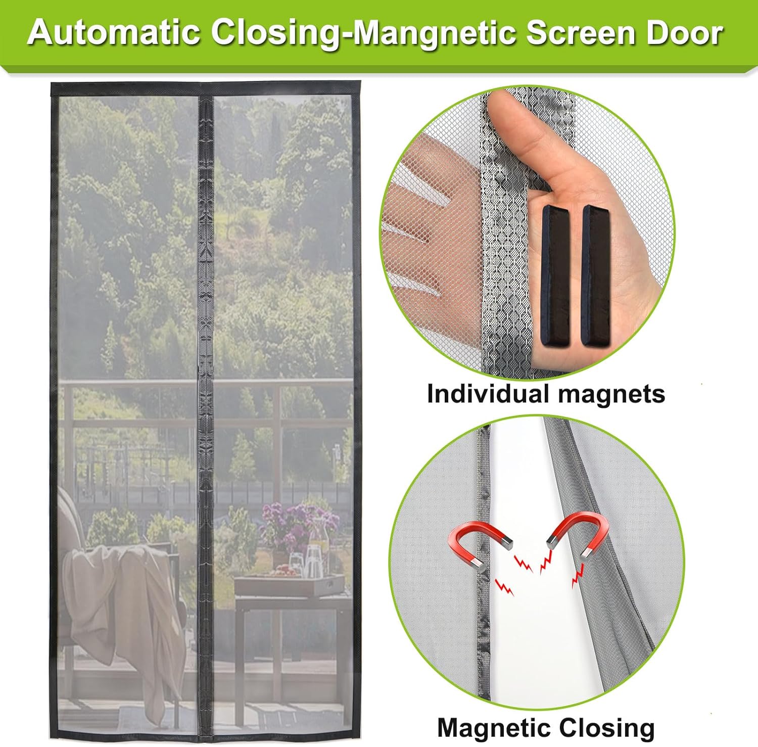 Magnetic Screen Door Self Closing, 78 x 84 inch, Grey Upgraded Polyester Thicken Mesh Mosquito Net for Patio Door, with Magnets, Keep Bugs Out, with Hook Tape
