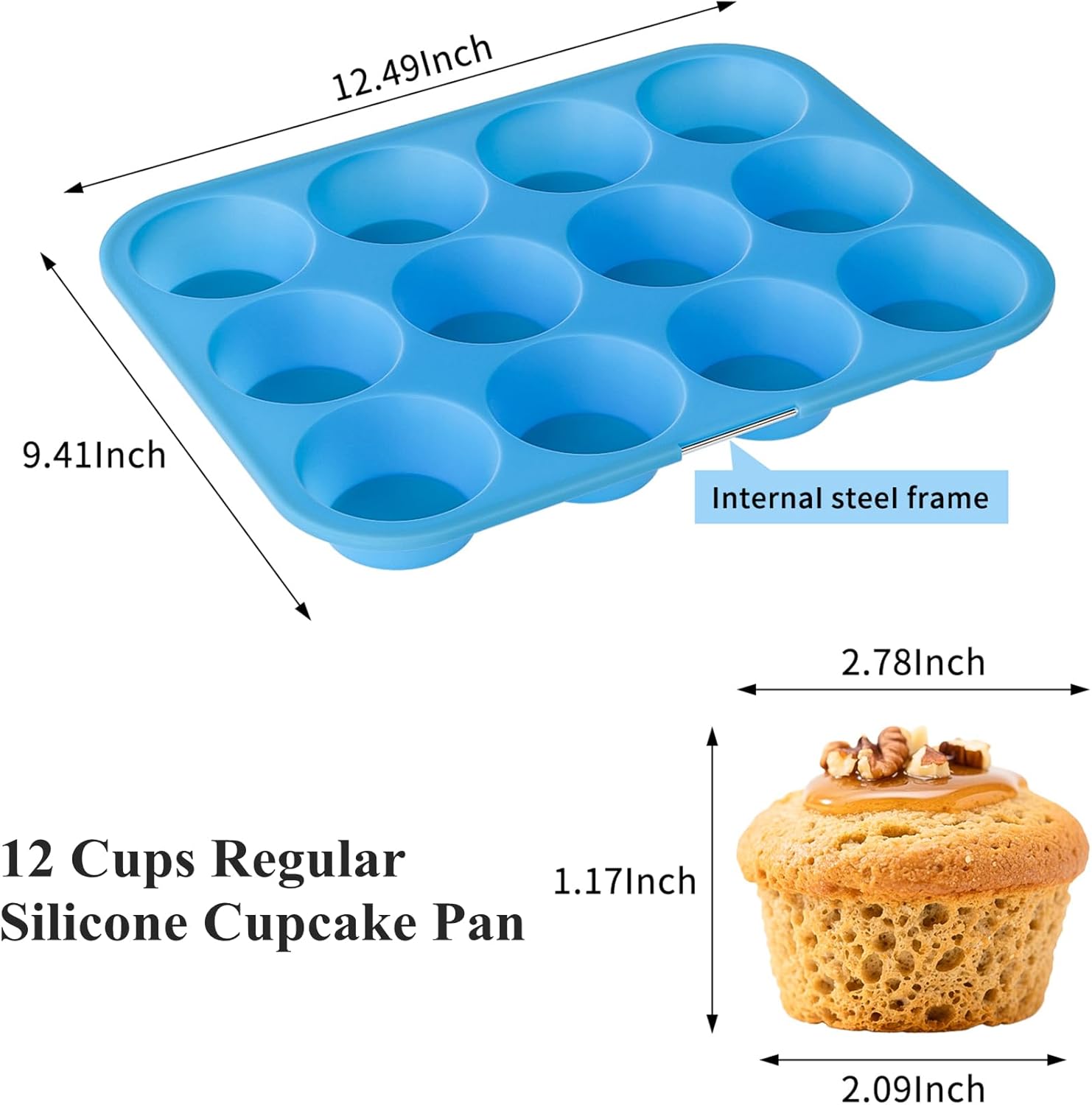 Bangp 2Pack Silicone Muffin Pans for Baking with Metal Reinforced Frame,12 Cup Regular Size Cupcake Pans,Premium Nonstick Food Grade Silicone Muffin Tray for Muffin,Cakes,Tart,Egg Bites