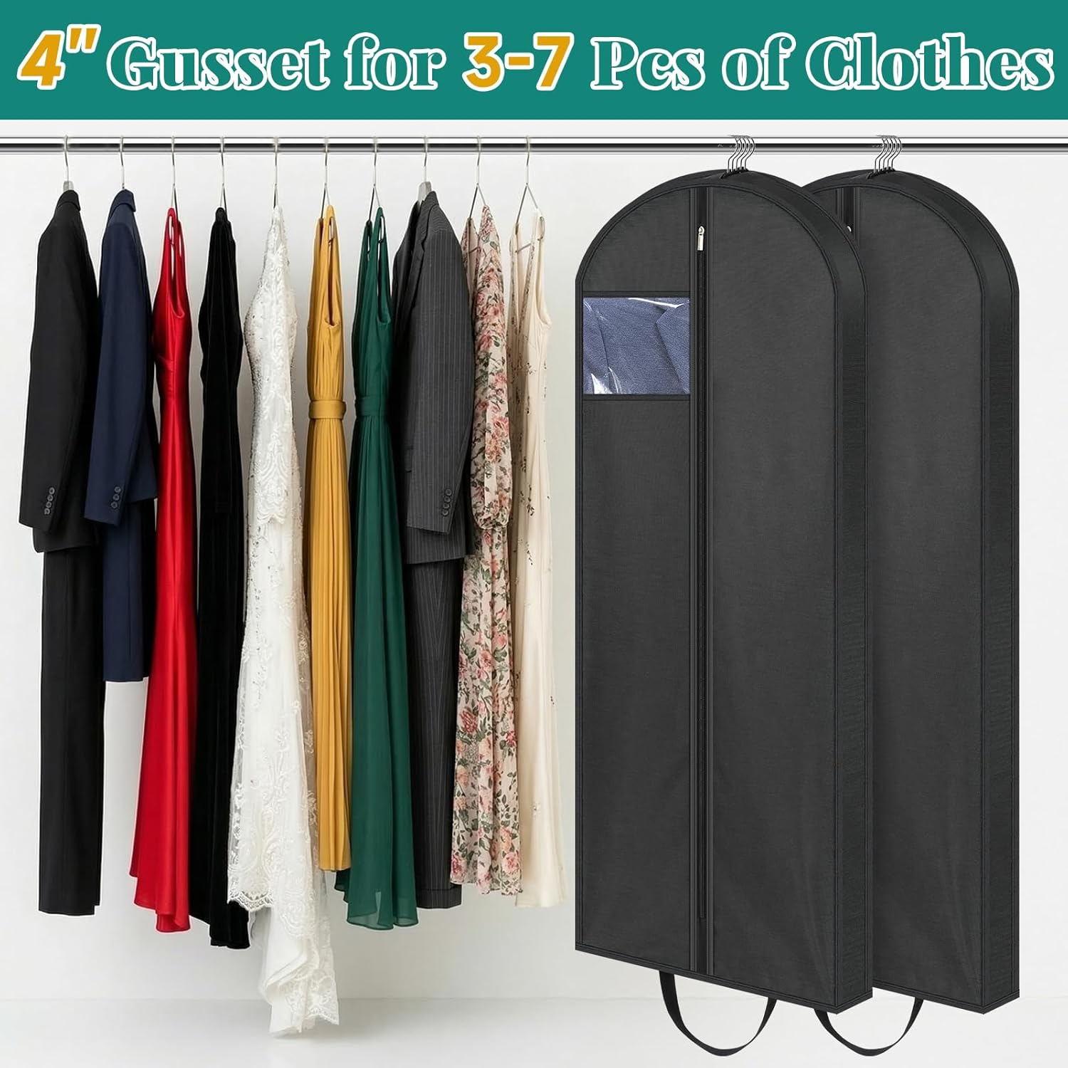 LANDNEOO 65" Long Garment Bags for Travel, Dress Bags for Hanging Clothes, Wedding Dress Cover for Women, Closet Storage for Gowns, Coats, Black, 4 Pack
