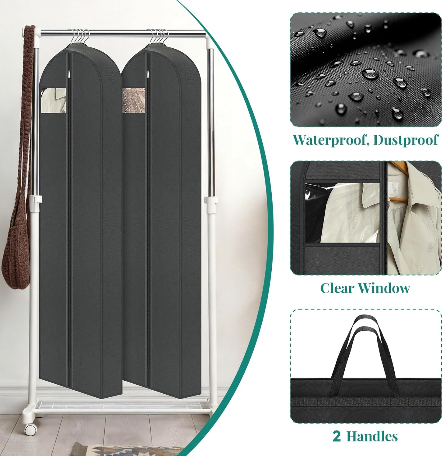 LANDNEOO 65" Long Garment Bags for Travel, Dress Bags for Hanging Clothes, Wedding Dress Cover for Women, Closet Storage for Gowns, Coats, Black, 4 Pack