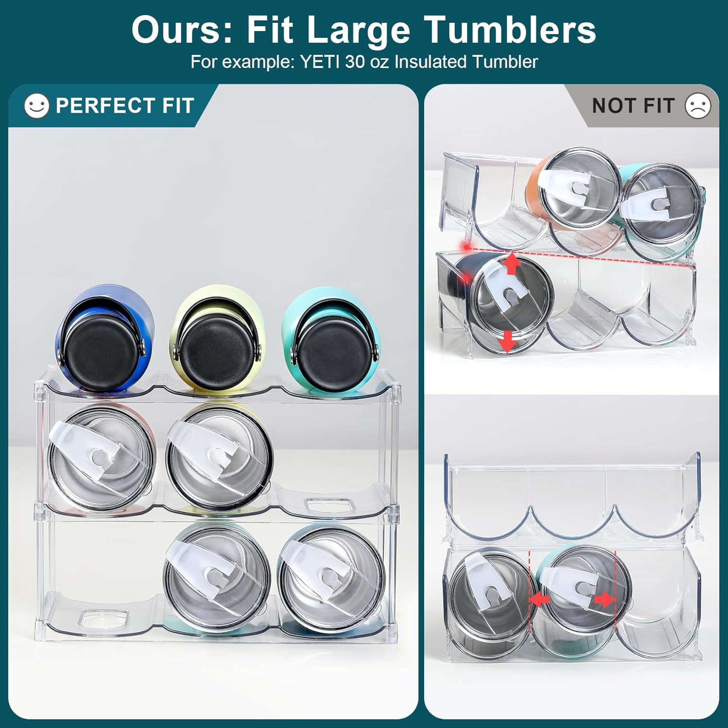 LARGER Compartment - Stackable Water Bottle Organizer Holder - for Stanley & Others' Large Tumbler - Clear Wine Rack, Cup Bottle Holder for Cabinet Home Countertop Fridge Pantry Shelf, 3 Tier Hold 9