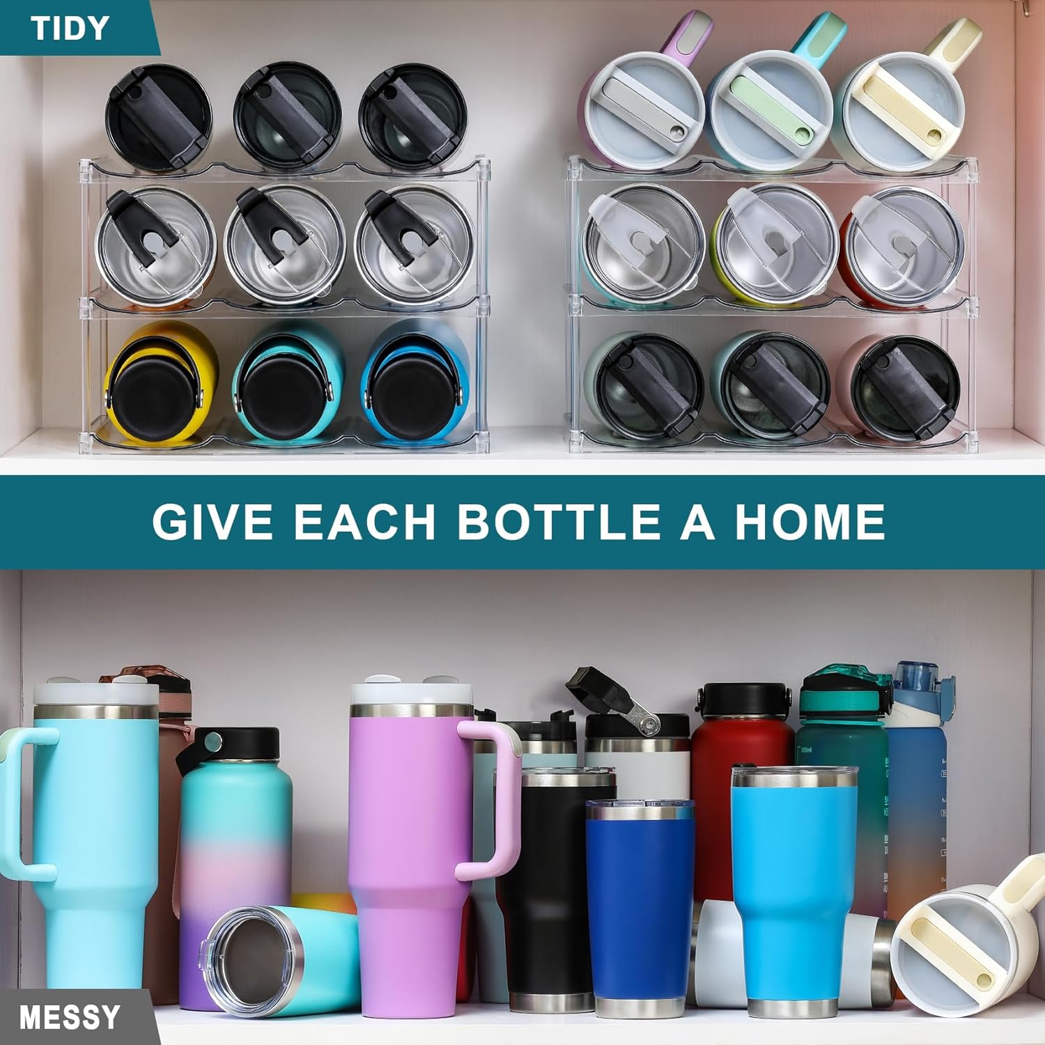 LARGER Compartment - Stackable Water Bottle Organizer Holder - for Stanley & Others' Large Tumbler - Clear Wine Rack, Cup Bottle Holder for Cabinet Home Countertop Fridge Pantry Shelf, 3 Tier Hold 9