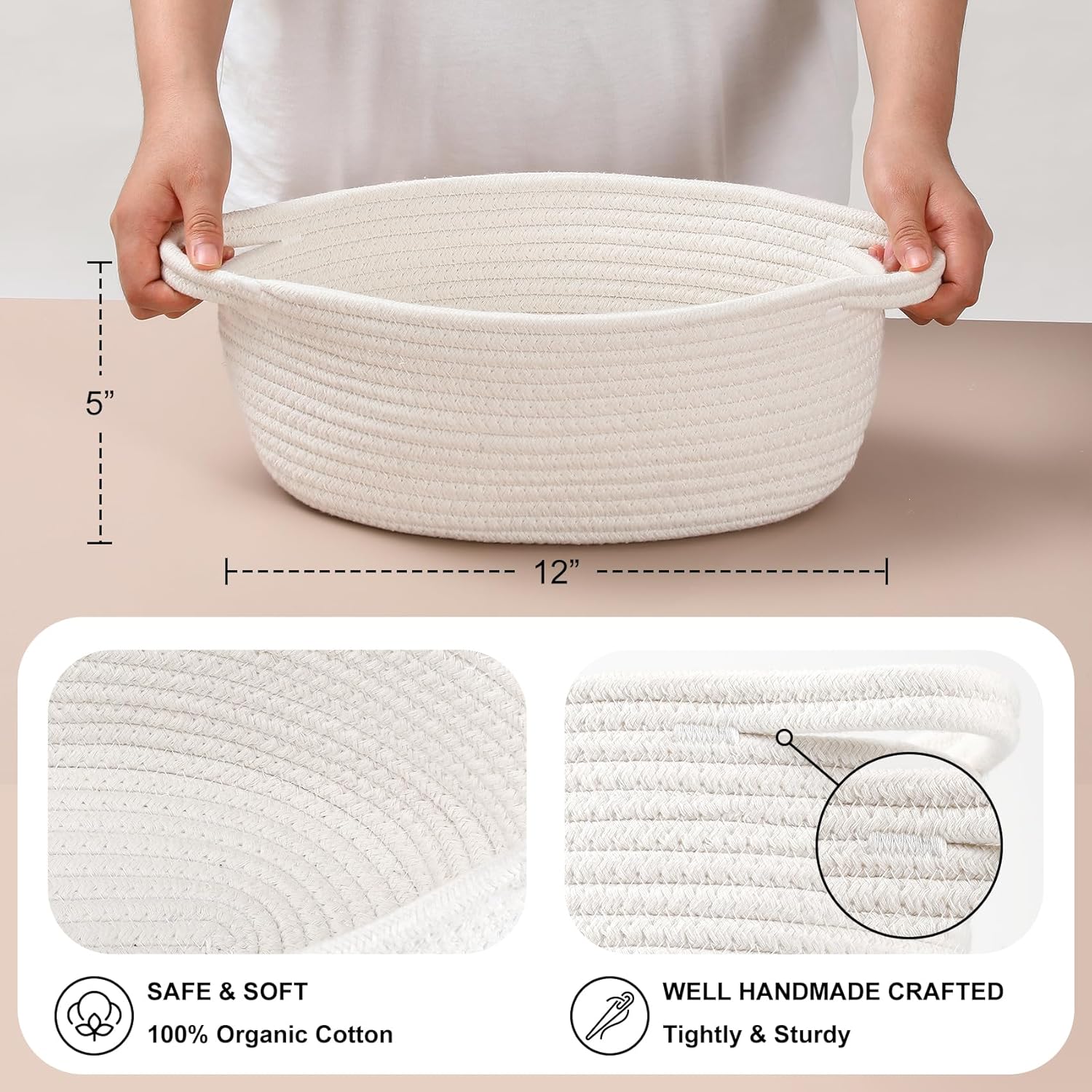 2 Pack Small Woven Basket with Gift Bags and Ribbons, Empty Decorative Gift Chest Box, Cute Baby Gift Basket for Nursery, Cotton Rope Room Shelf Storage Basket with Handles, All 12"x 8"x 5",White
