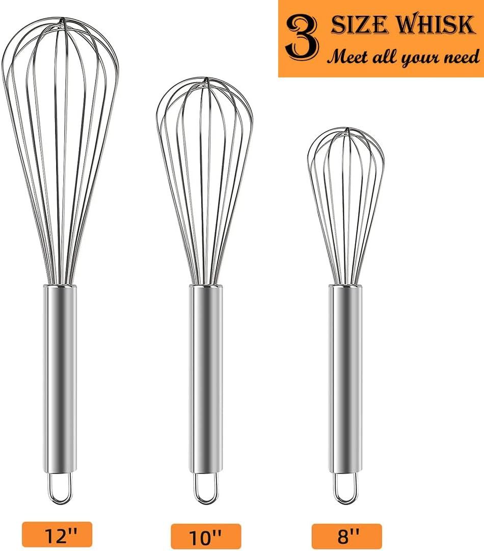 Stainless Steel Whisk Set, 3 Packs Balloon Whisk for Cooking, Whisking, Blending 8",10",12"