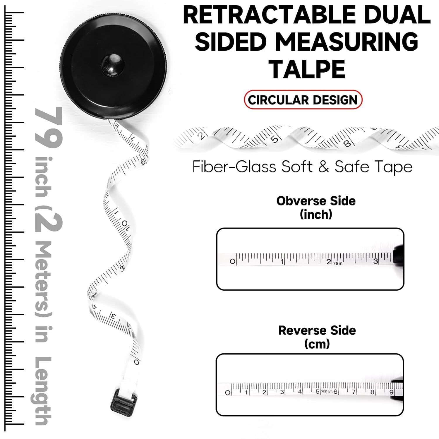 1 Pack Soft Tape Measure Retractable Measuring for Body Fabric Sewing Tailor,Black Sewing Tape Measures,Small Push ButtonDouble Scales Rulers 79-inch 2 Meter Black White
