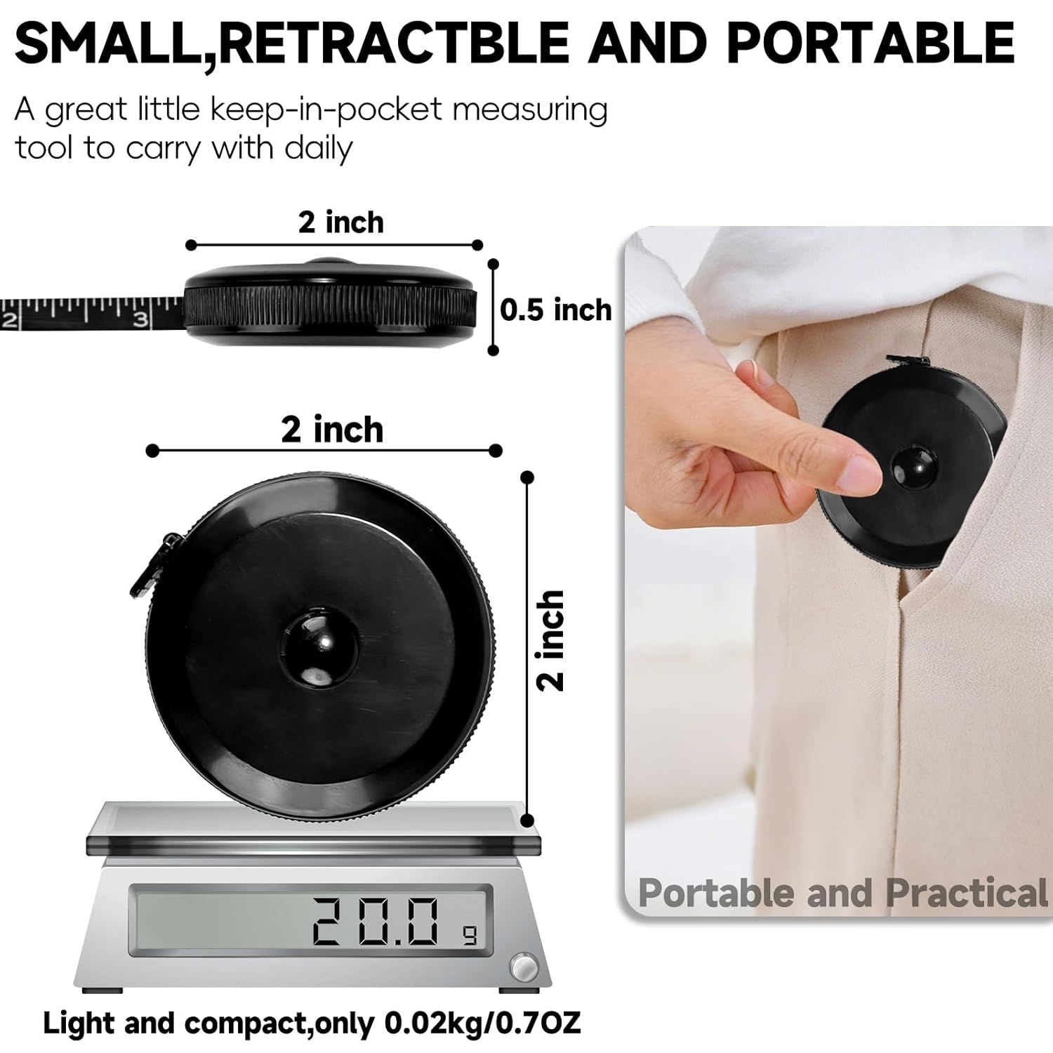 1 Pack Soft Tape Measure Retractable Measuring for Body Fabric Sewing Tailor,Black Sewing Tape Measures,Small Push ButtonDouble Scales Rulers 79-inch 2 Meter Black White