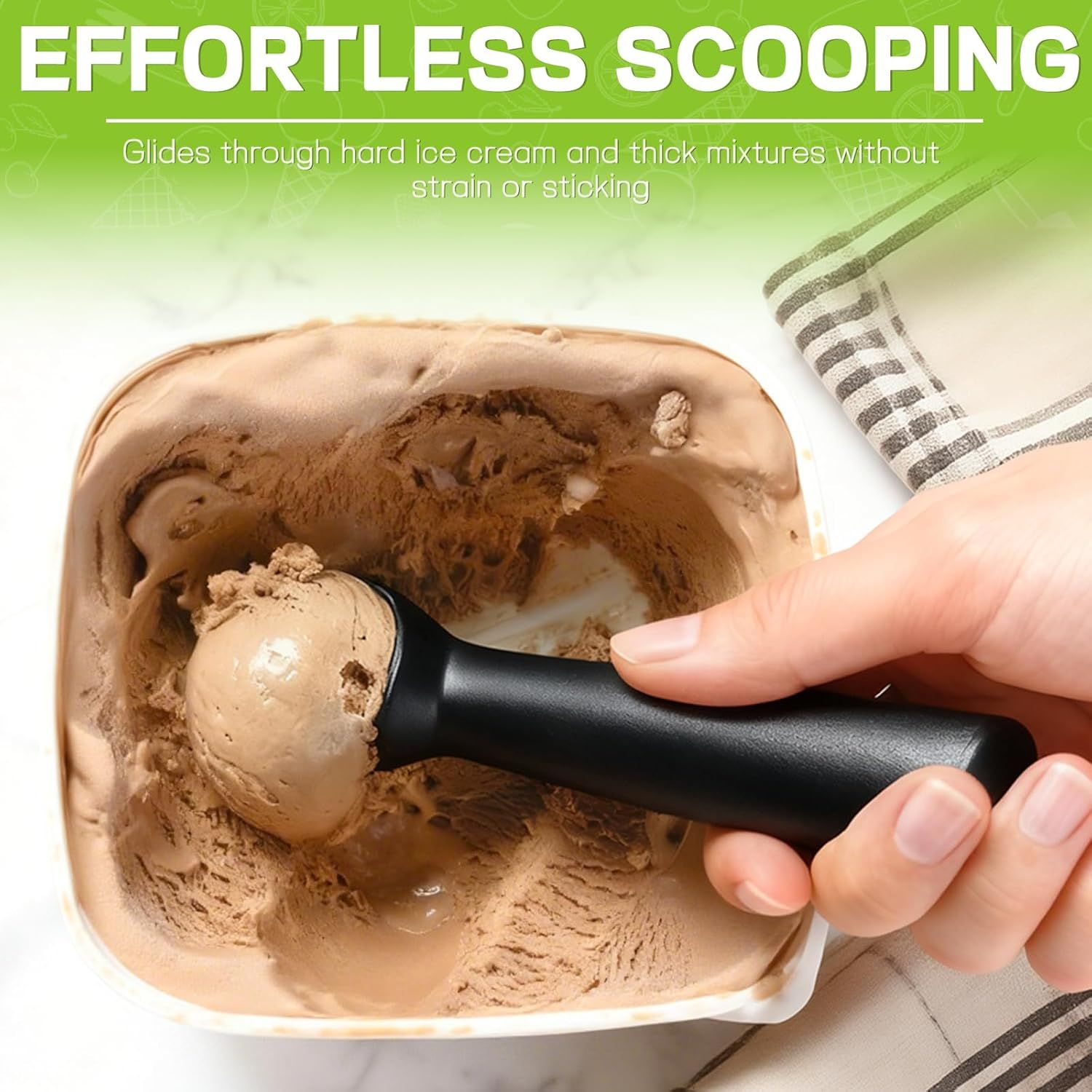 Ice Cream Scoop,Black Aluminum Ice Cream Scooper,7.3 Inches One-Piece Design Nonstick Cookie Spoon,Durable,Easy to Clean