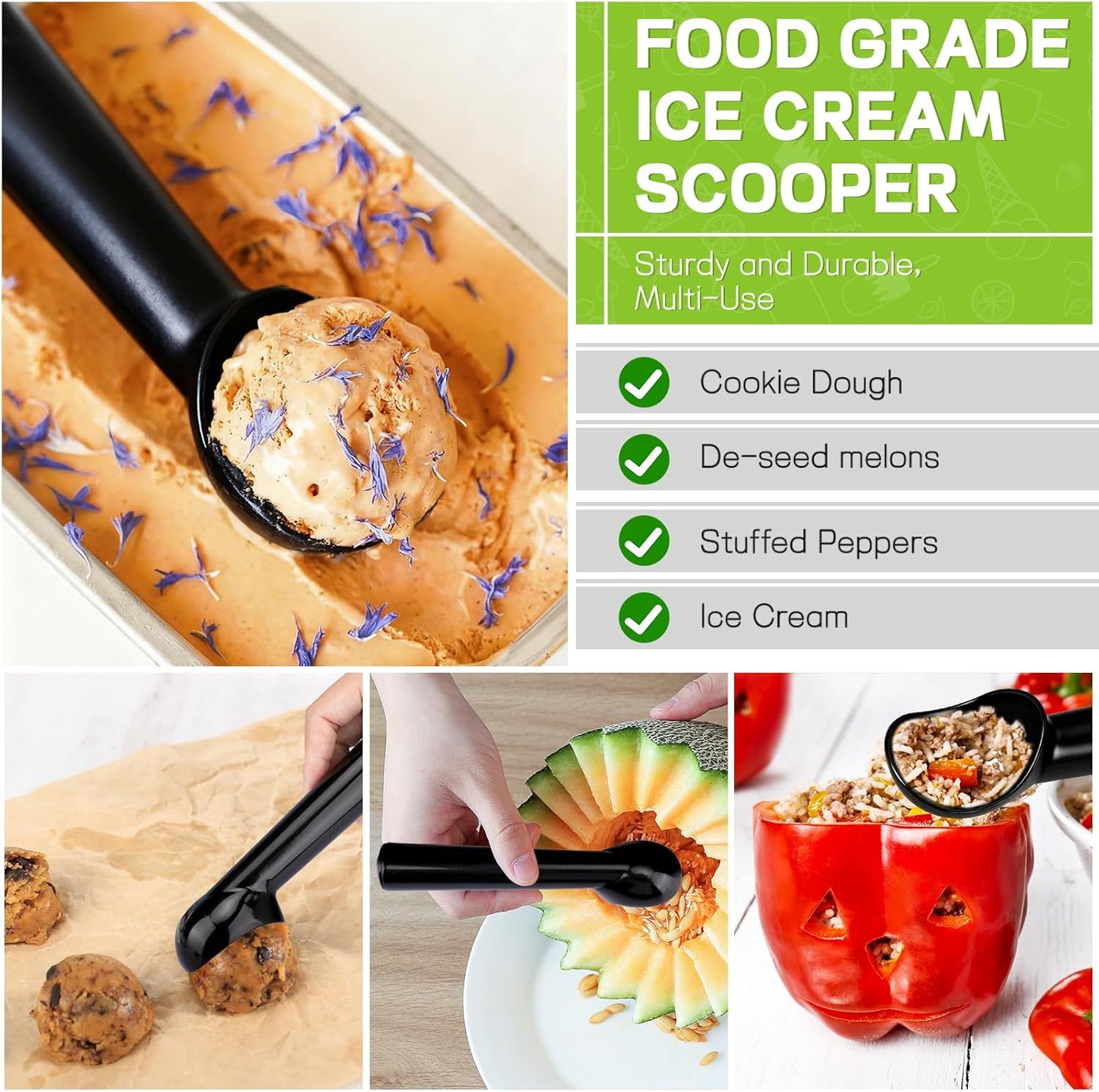 Ice Cream Scoop,Black Aluminum Ice Cream Scooper,7.3 Inches One-Piece Design Nonstick Cookie Spoon,Durable,Easy to Clean