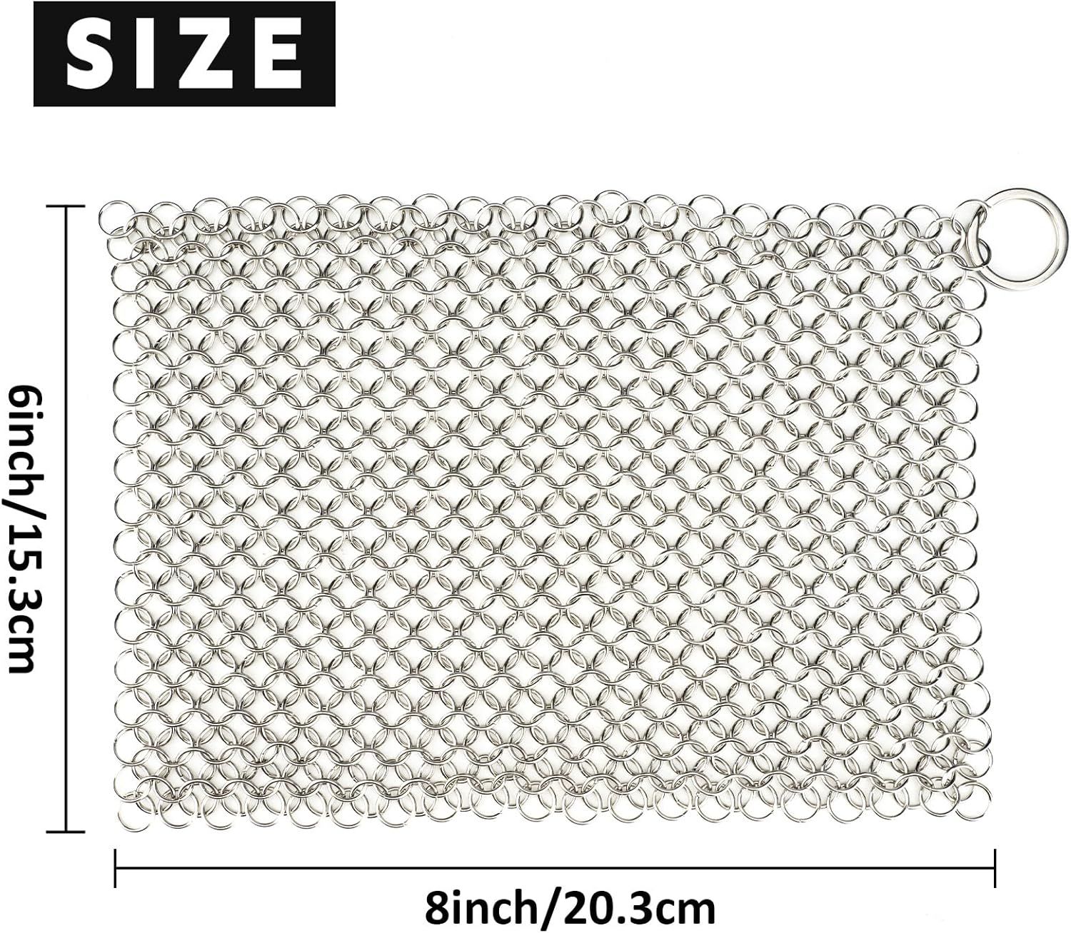 Cast Iron Cleaner 8"x6" 316L Stainless Steel Chainmail Scrubber Scraper Chain Mail Link Scrub for Pans, Griddles and BBQ Grills Cleaning