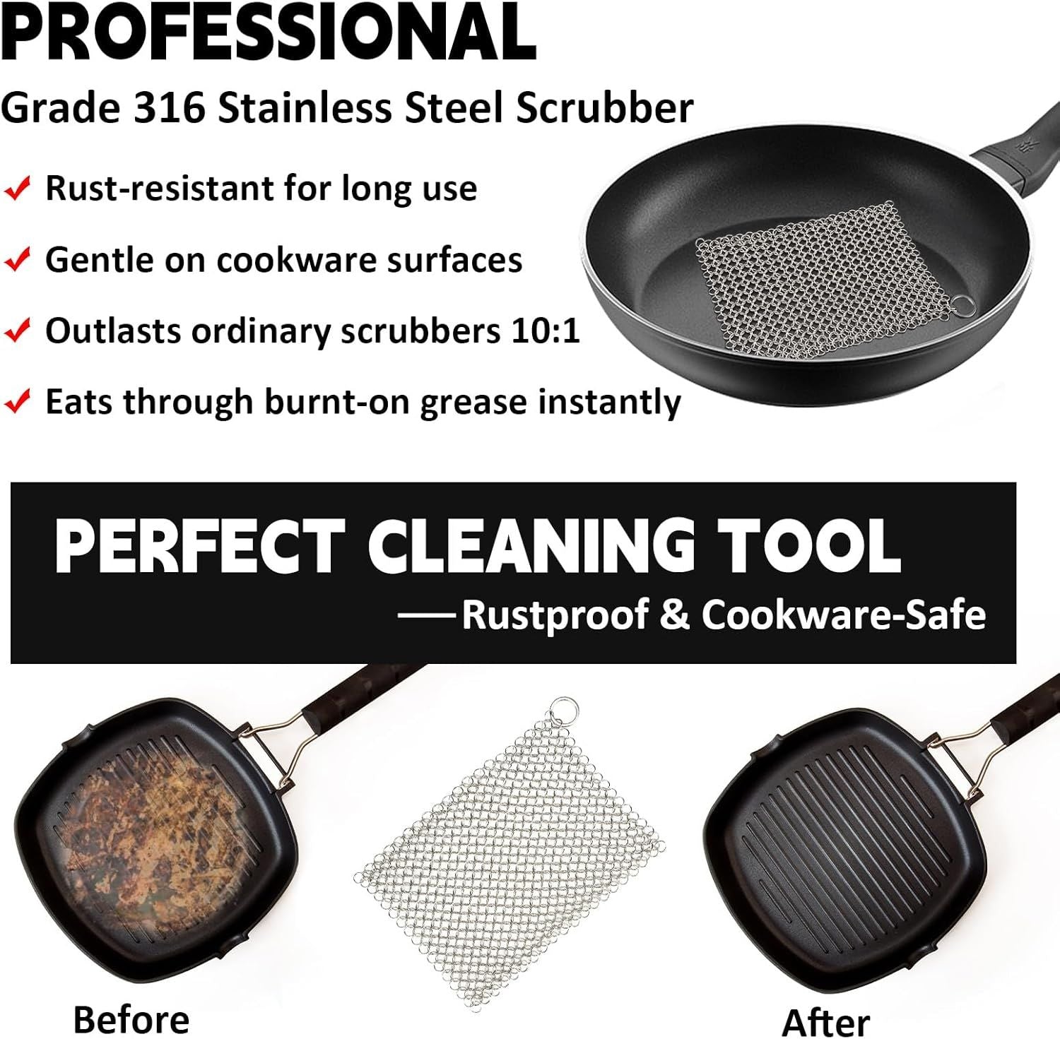Cast Iron Cleaner 8"x6" 316L Stainless Steel Chainmail Scrubber Scraper Chain Mail Link Scrub for Pans, Griddles and BBQ Grills Cleaning